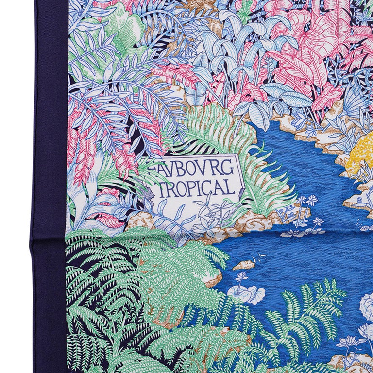 Carré Hermès 90 Faubourg Tropical - Soie 100%, Motif Floral Multicolore - Avec Boîte Et étiquette - Occasion Très Bon état