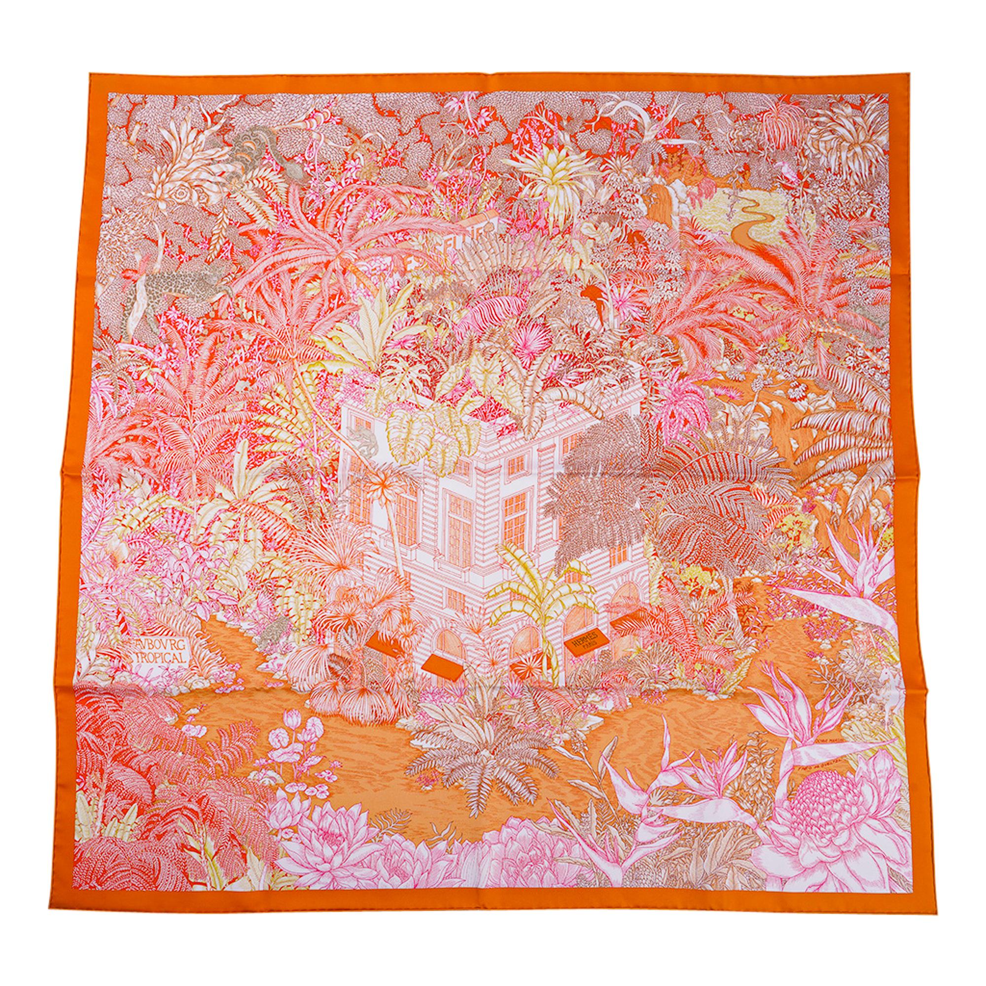 Hermes Foulard Faubourg Tropical Orange/ Mangue / Rose 90 Silk New w/Box 8