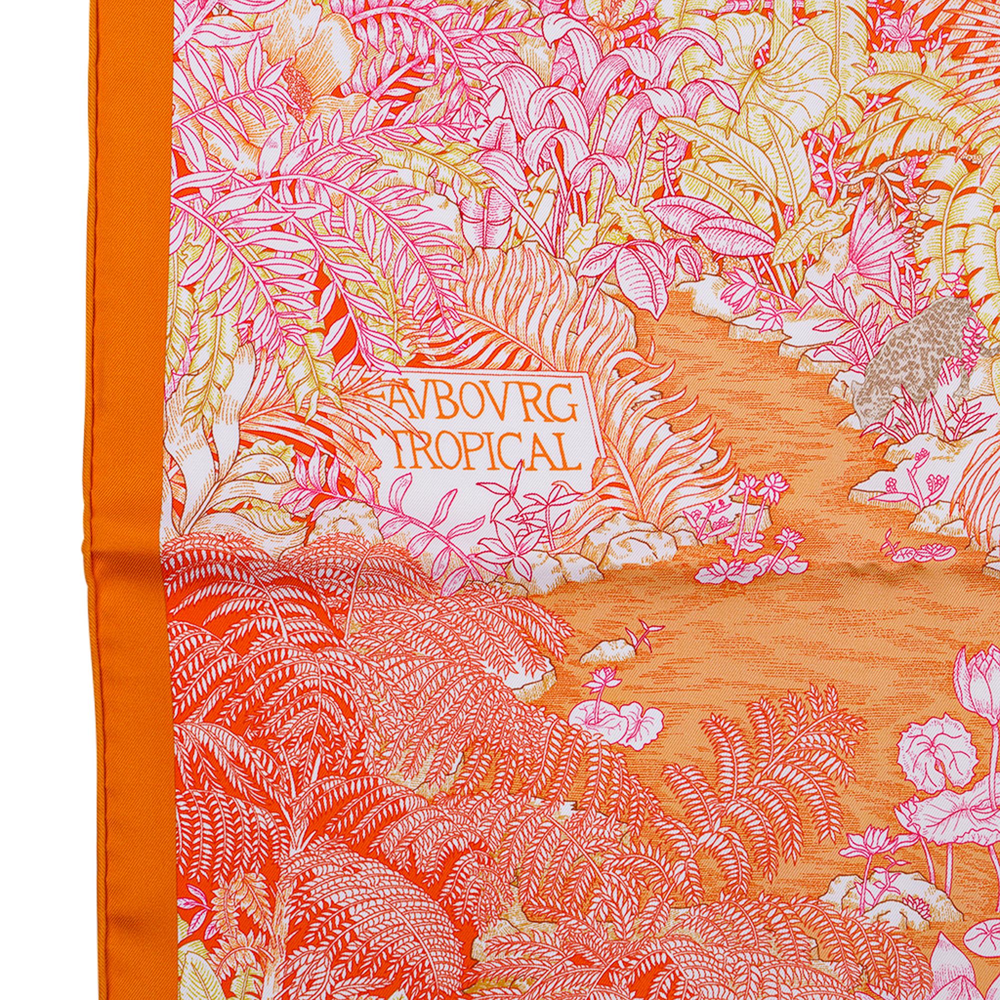 Hermes Scarf Faubourg Tropical Orange/ Mangue / Rose 90 Silk New w/Box In New Condition In Miami, FL