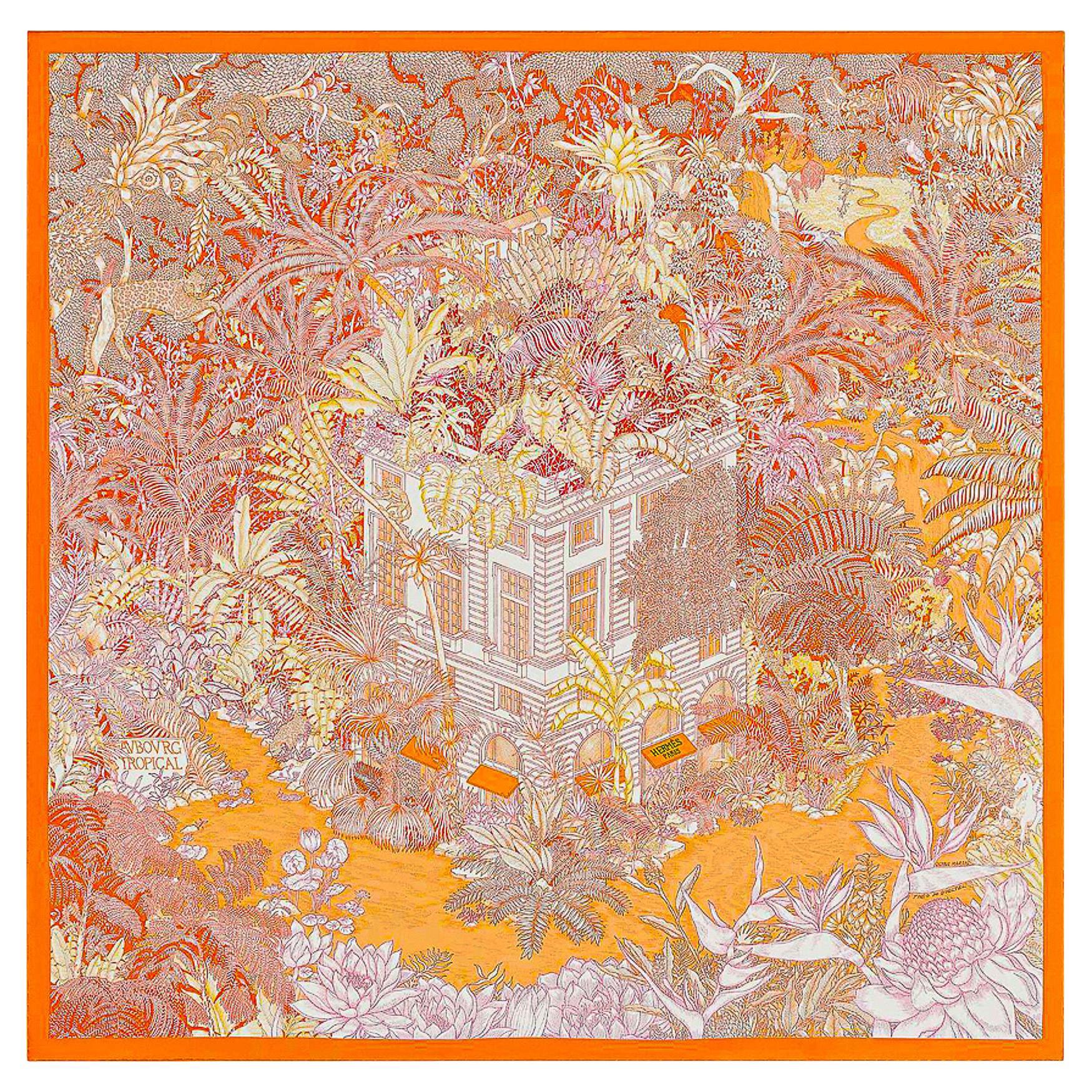 Hermes Scarf Faubourg Tropical Orange/ Mangue / Rose 90 Silk New w/Box