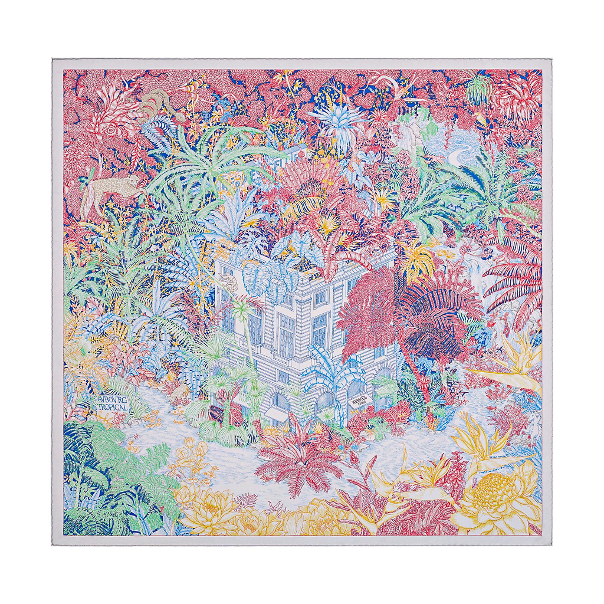 Hermes Scarf Faubourg Tropical Pierre / Rose 90 Silk New w/Box For Sale 3