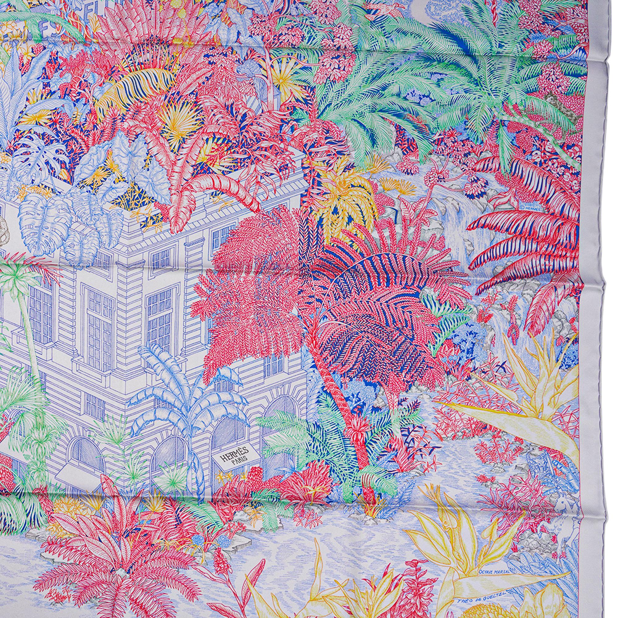 Mightychic offers an Hermes Faubourg Tropical scarf featured in Pierre ( Stone) and Rose.
Designed by Octave Marsal and Theo de Gueltzl.
This Hermes 90 silk scarf is set with a wonderful tropical jungle filled with marvelous creatures like cheetahs