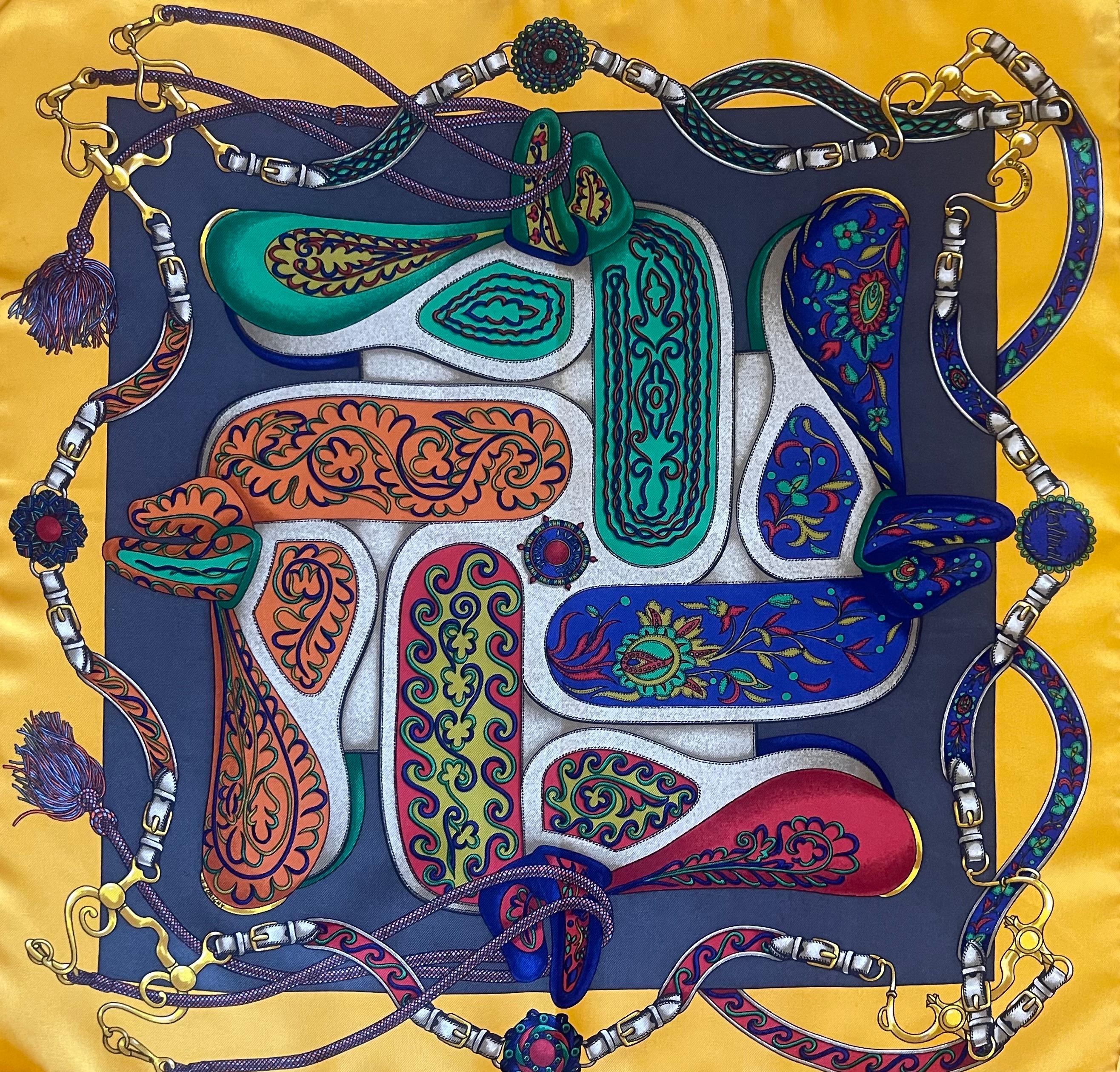 The Hermès scarf Festival, designed by Henri d'Origny in 1992, is a distinguished piece that celebrates the elegance of equestrian traditions. With no reissue this scarf is rare and a collector's item. In good condition, this scarf can be worn