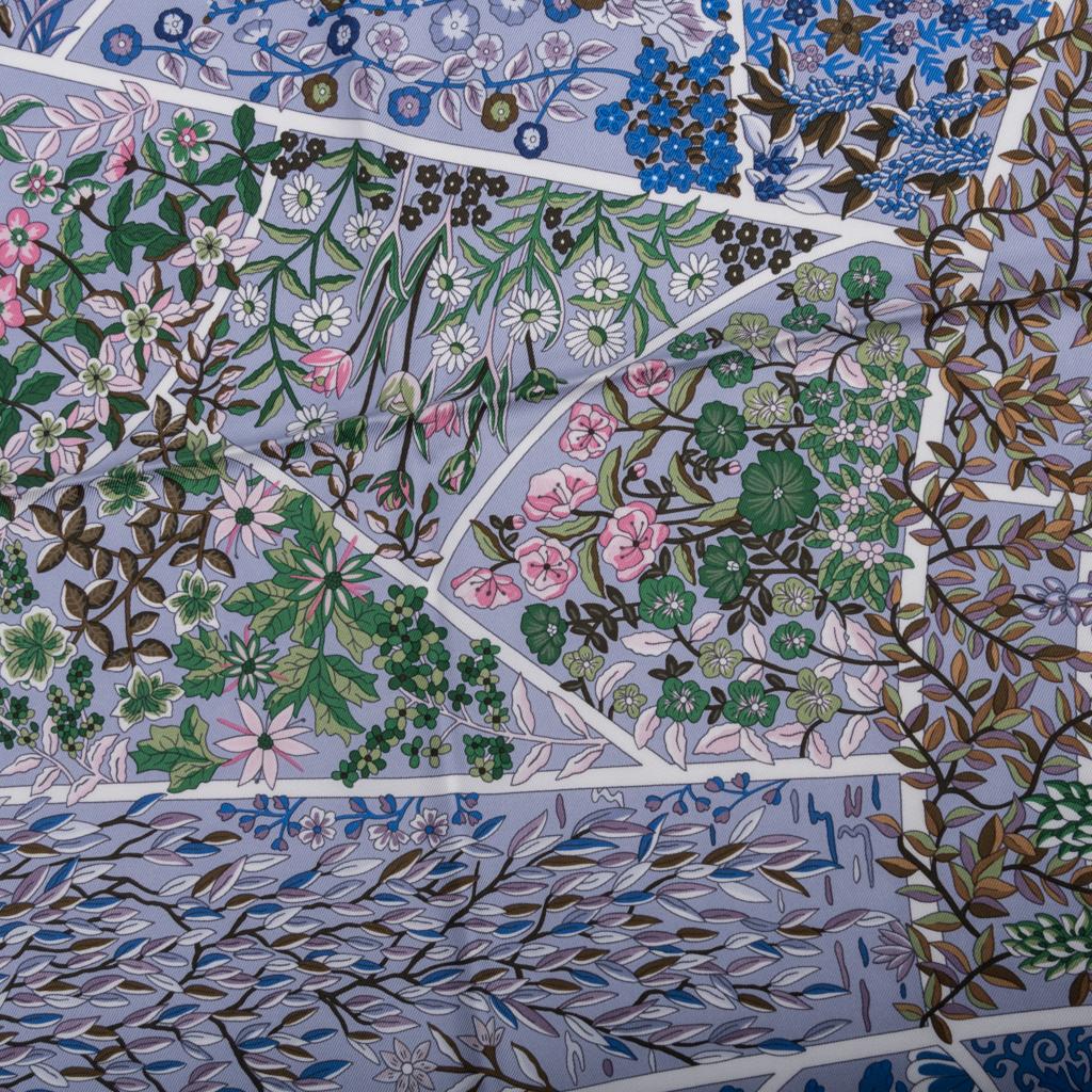 Gray Hermes Scarf Fleurs De Giverny Limited Edition Parme Vert Blue 90 cm