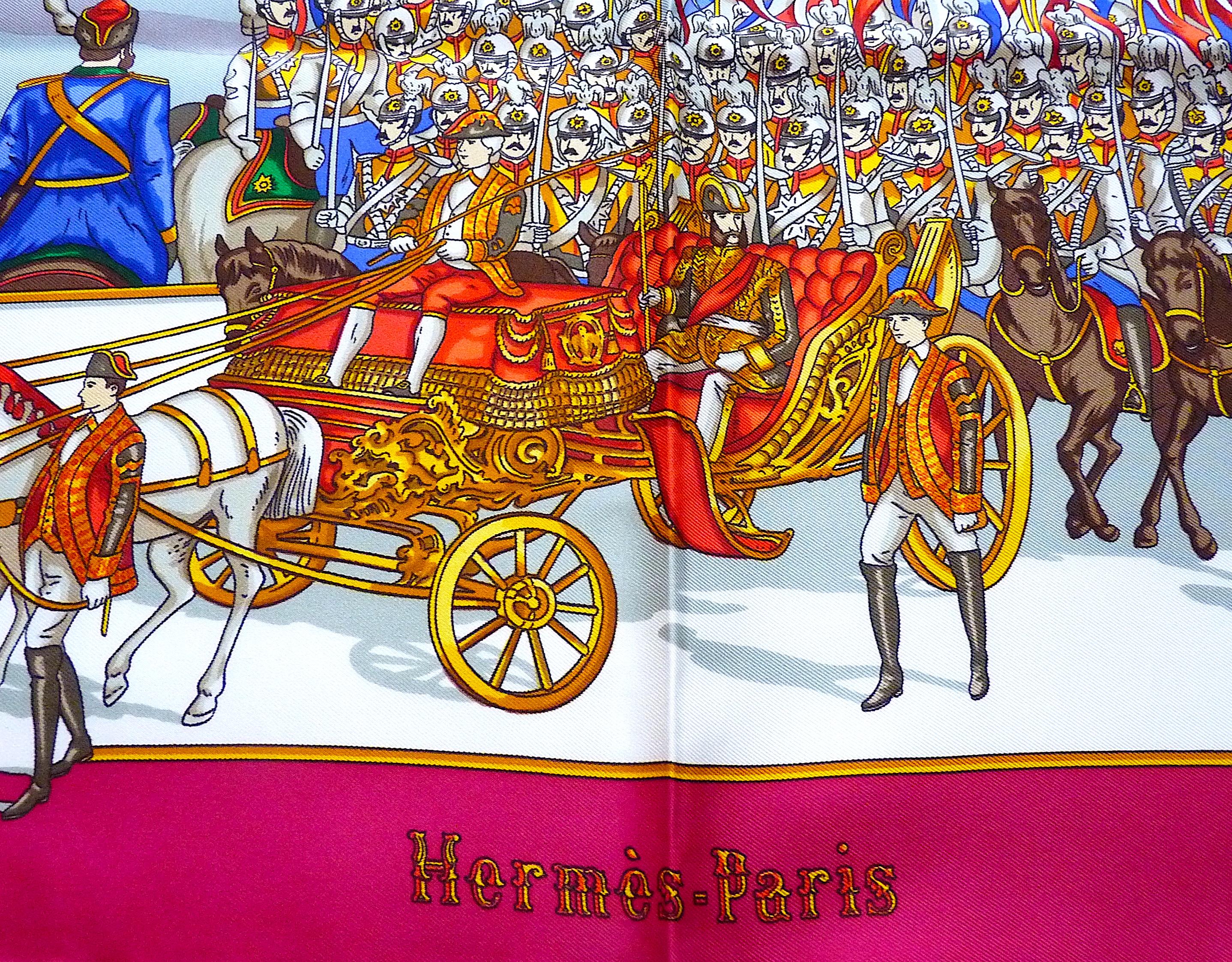 HERMES Silk Scarf Grand Cortège à Moscou by Michel Duchêne edited in 1992, Pristine Condition.
This stunning Hermes silk scarf is a grail for many Hermes collectors : it is a historical theme, depicting Tsar Alexander III's grand entrance to Moscow