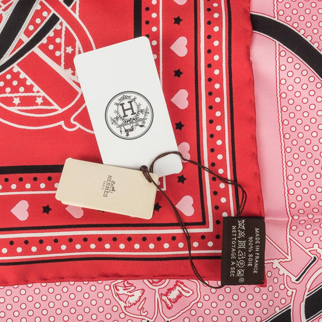 Hermes Scarf Grand Manege Bandana Love 70 Rouge Rose Noir Silk Twill Heart Box In New Condition In Miami, FL