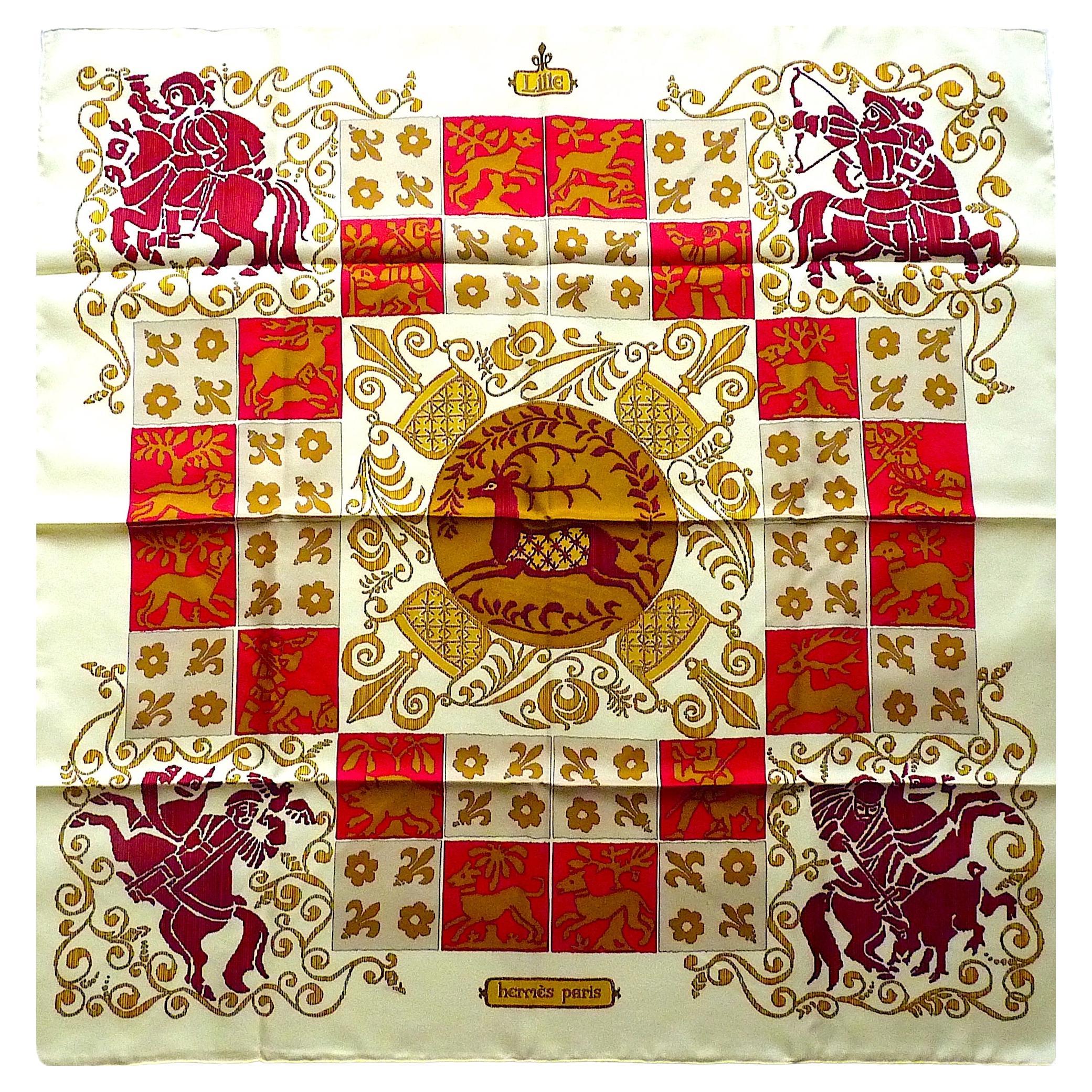 HERMES Silk Scarf Hourvari by Henri D'Origny, this is a Special Edition for Opening of the Hermès store in Lille in the late 1990s. Ultra Rare and Highly Collectible ! The name of the city of Lille is written in a cartouche on the upper side of the