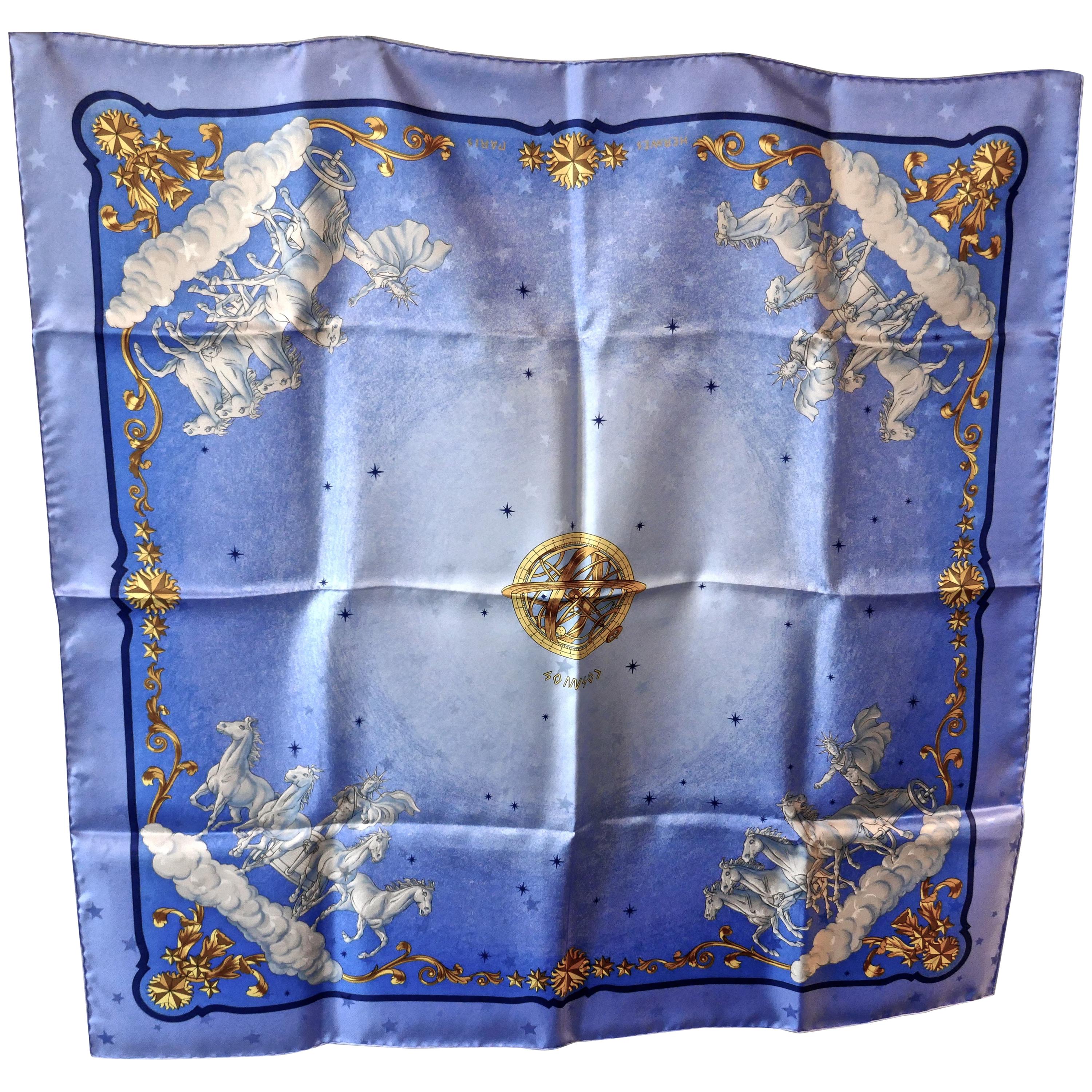 Hermès Scarf, in 100% Silk, Philippe Ledoux “Cosmos” in Blue, Gold and Bronze