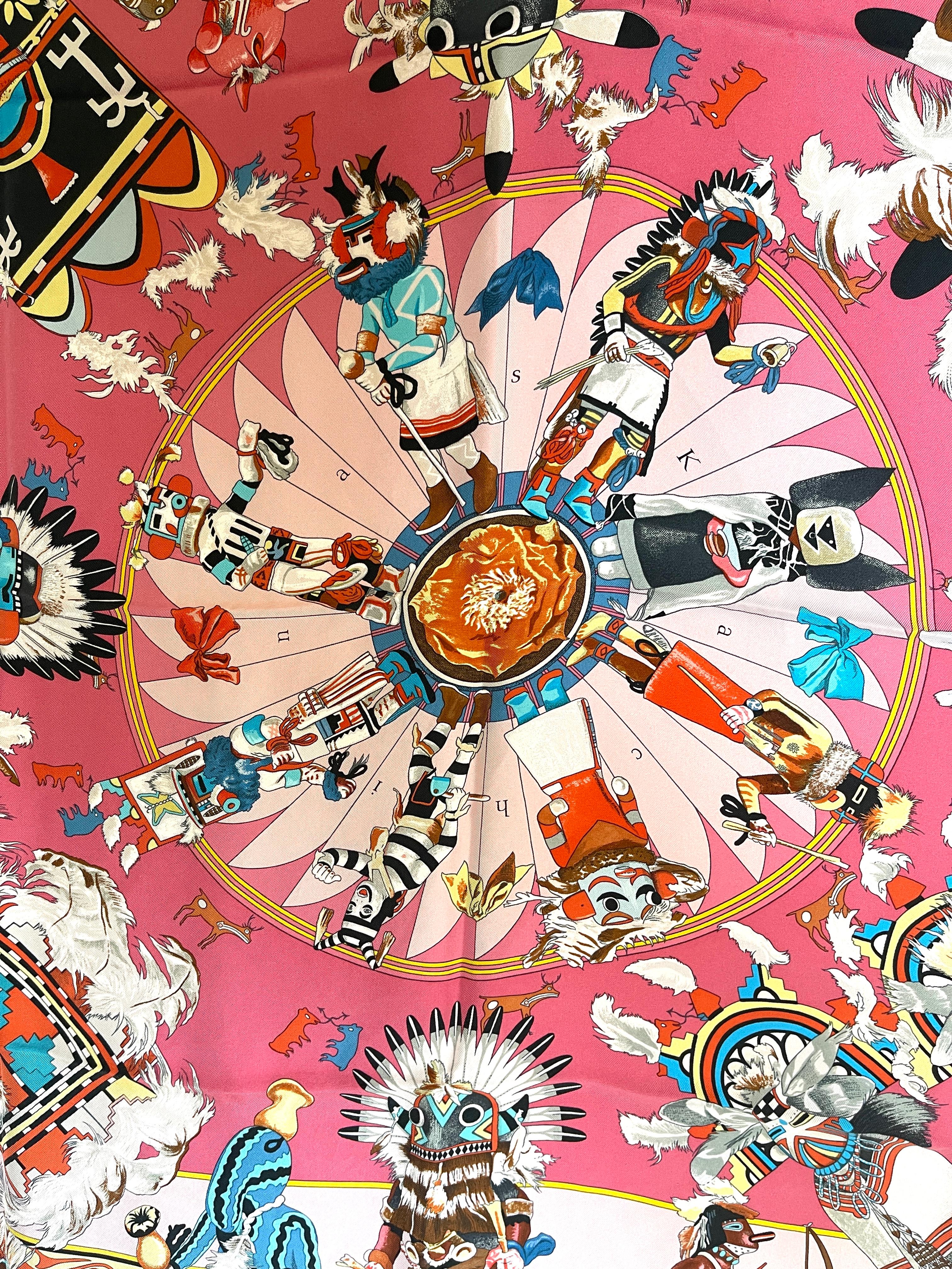Hermes Scarf Kachinas New Washed Silk Kermit Oliver Pink Blue Corail In New Condition In West Chester, PA