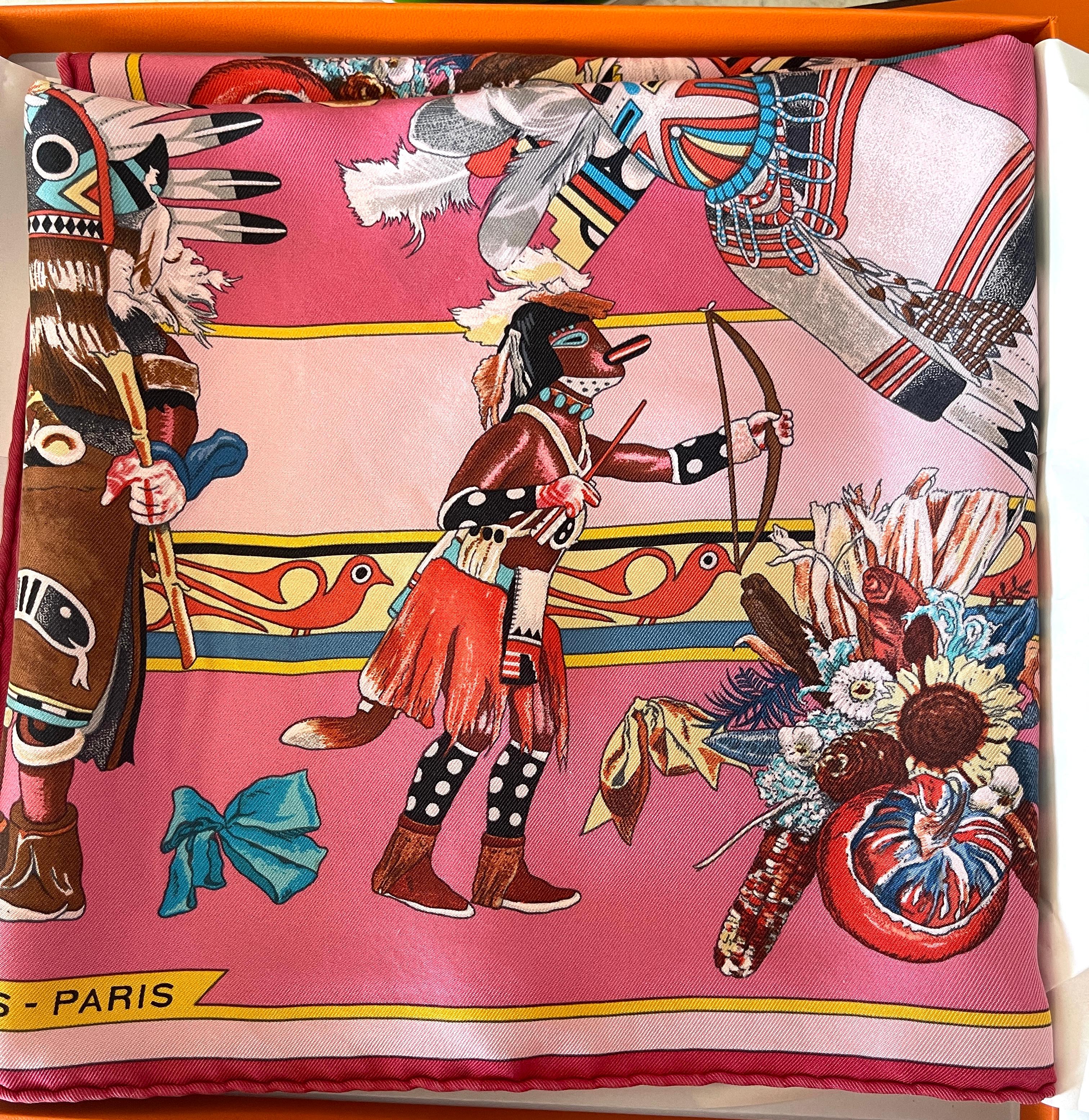 Hermes Scarf Kachinas New Washed Silk Kermit Oliver Pink Blue Corail 1