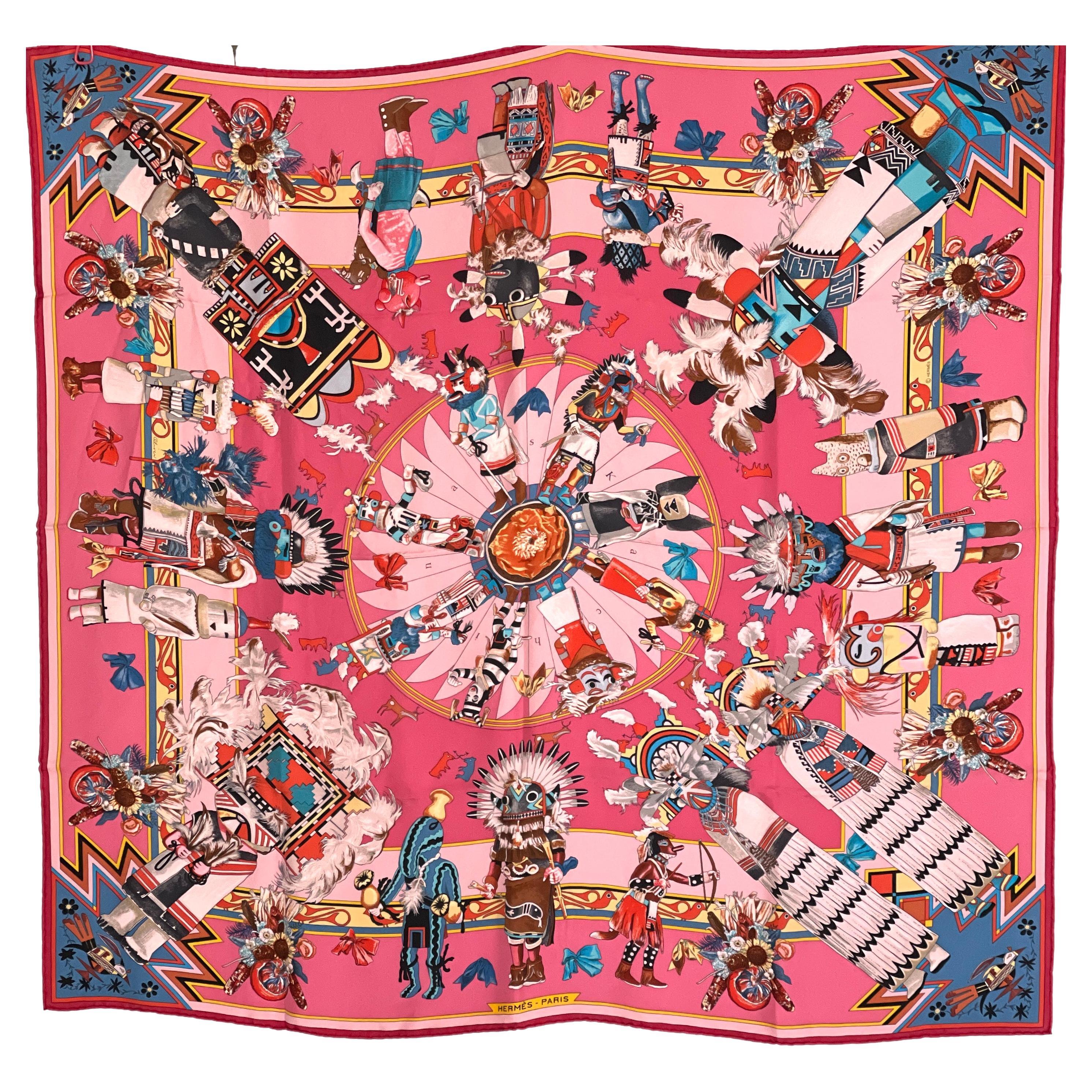 Hermes Scarf Kachinas New Washed Silk Kermit Oliver Pink Blue Corail