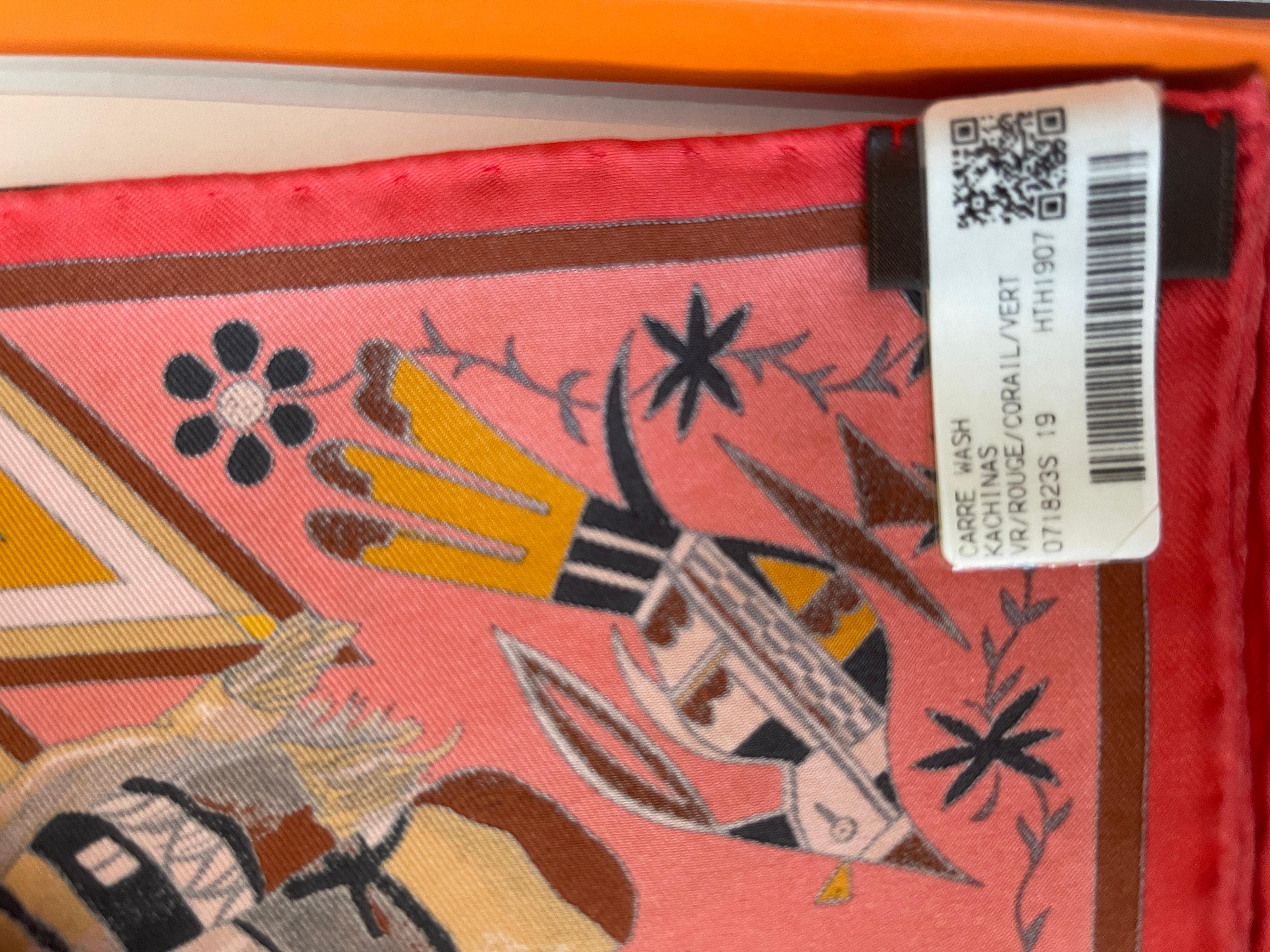Hermes Scarf Kachinas New Washed Silk Kermit Oliver Rouge In New Condition In West Chester, PA