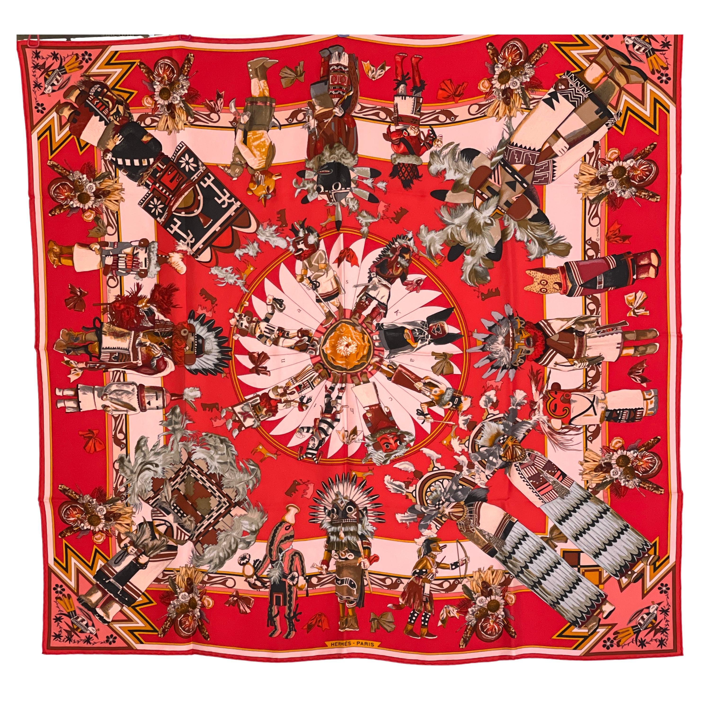 Hermes Scarf Kachinas New Washed Silk Kermit Oliver Rouge 