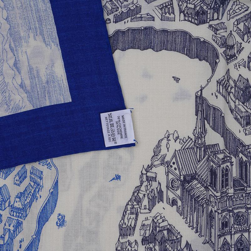 Hermes Scarf La Cite Cavaliere Bleu Royal Blanc Blue Encre Cashmere Silk 140 10