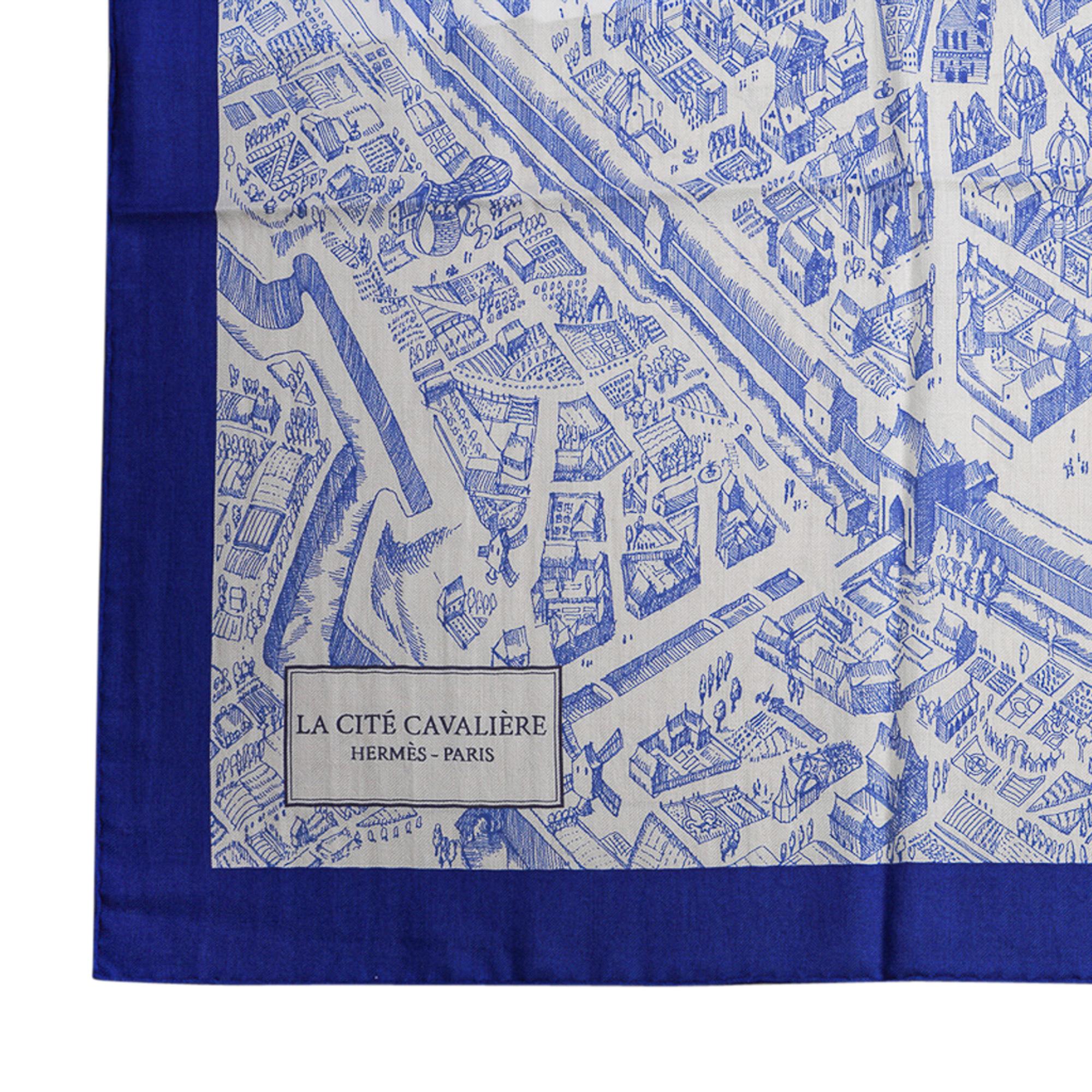 Hermes Scarf La Cite Cavaliere Bleu Royal Blanc Blue Encre Cashmere Silk 140 In New Condition In Miami, FL