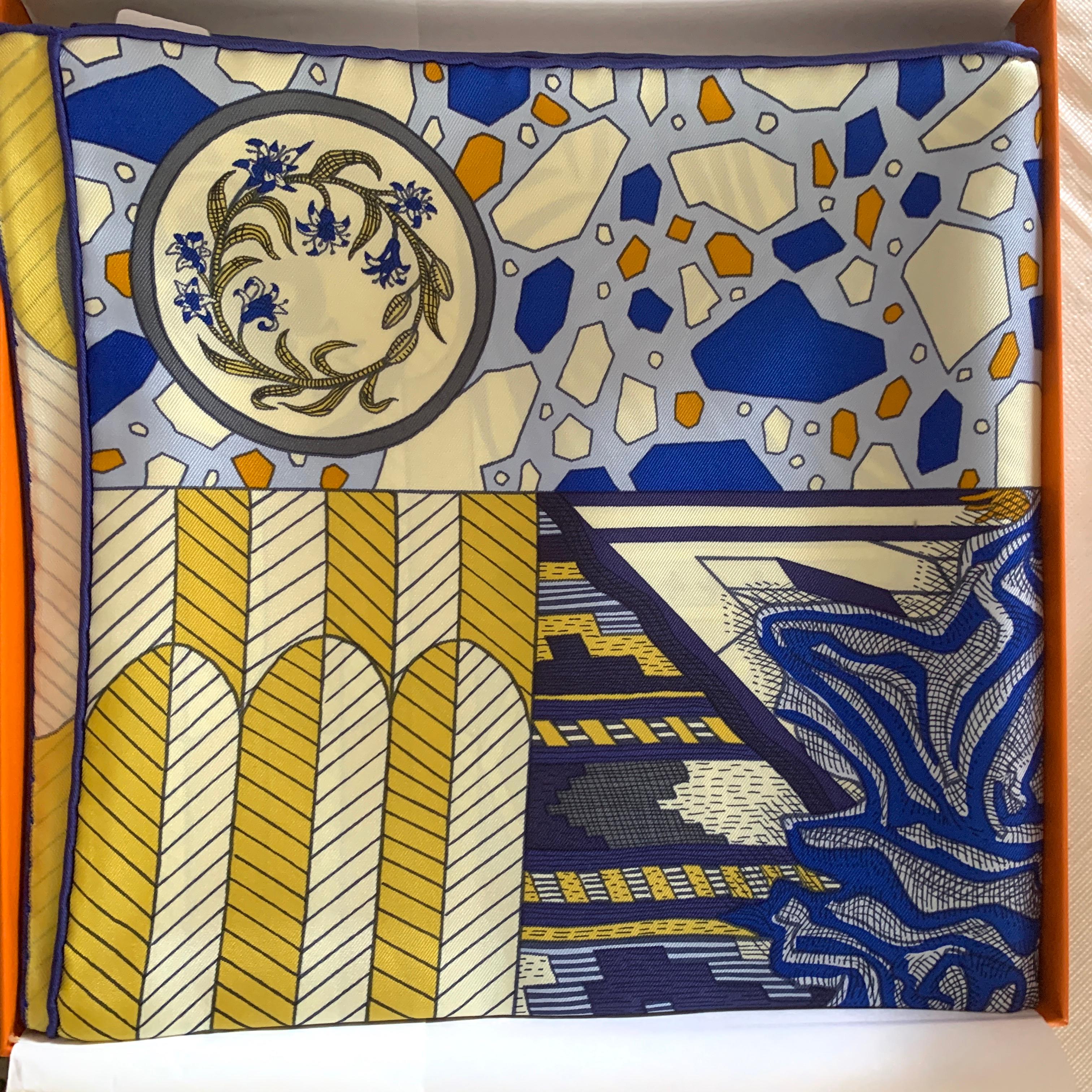 Hermes 90cm Silk Twill Scarf
La Dsanse ds Amazones Scarf
Blue and Yellow

 

Made in France

Designed by  Edouard Baribeaud

Measures 36