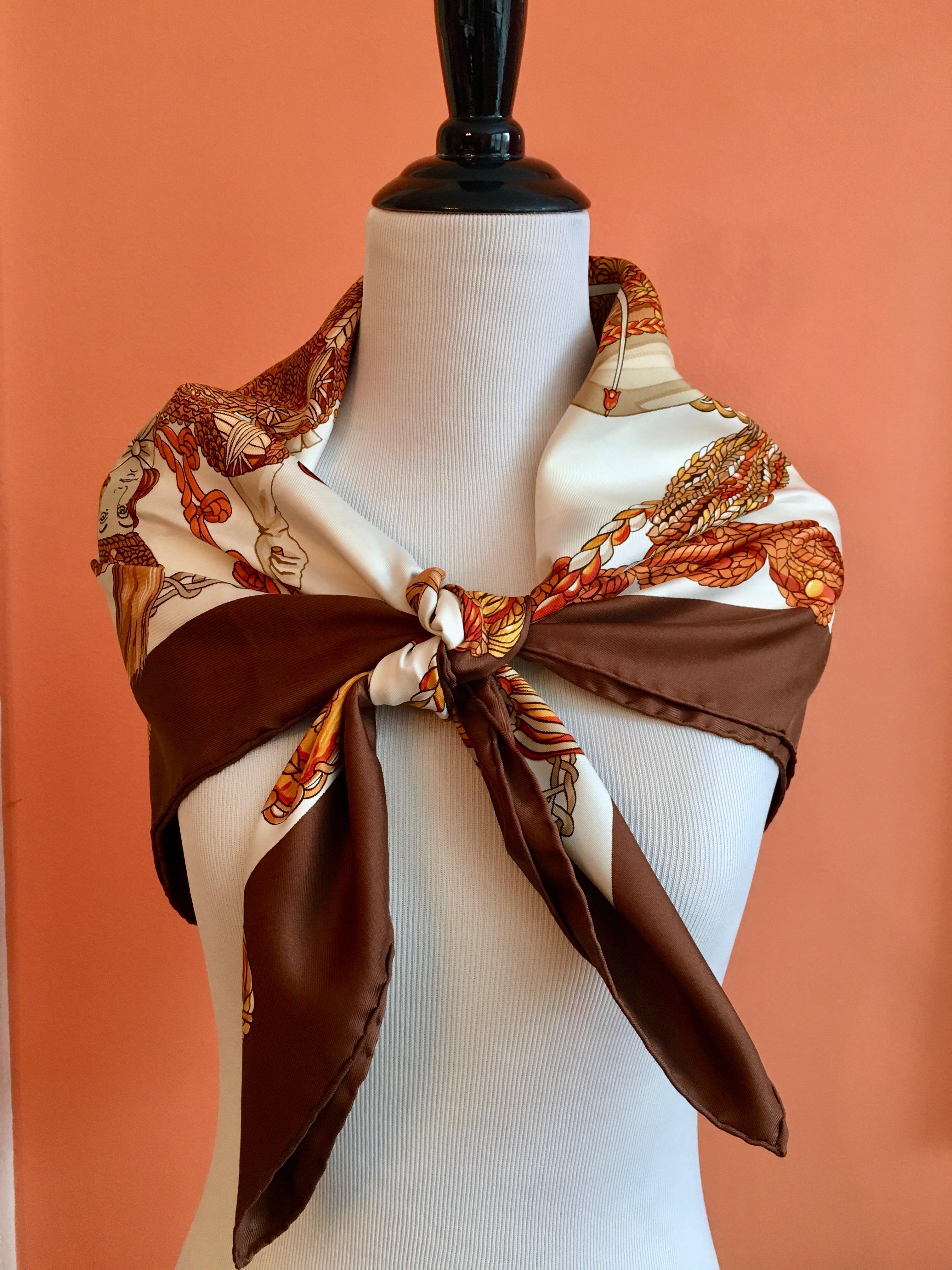Brown Hermes Scarf Le Timbalier by Francoise Heron 1961 in Box 90cm