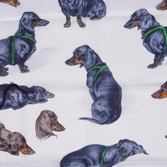 Hermes Scarf Les Bassets Alemands 70 Blanc / Gris Bleuete / Vert New w/Box