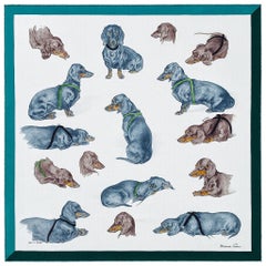 Hermes Scarf Les Bassets Alemands 70 Blanc / Gris Bleuete / Vert New w/Box