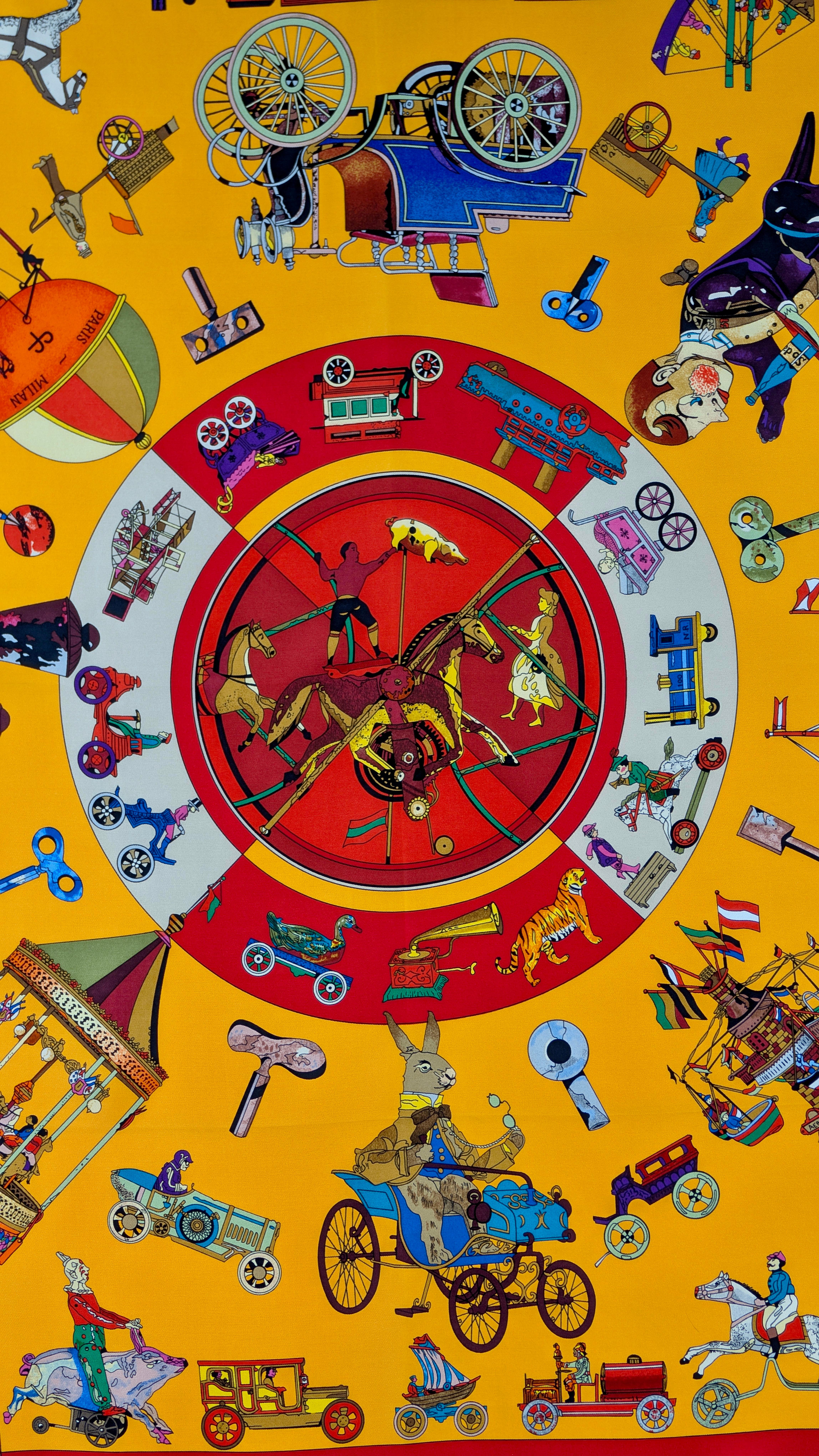 Pañuelo Hermès de sarga de seda   Les Clefs de Notre Enfance
Diseñado por Loïc Dubigeon 1^ publicado 1991 -  entonces 1995
100% seda
Derechos de autor
Dobladillo enrollado a mano
Cuidado de etiquetas
Fabricado en Francia
Rojo naranja multicolor
cm.