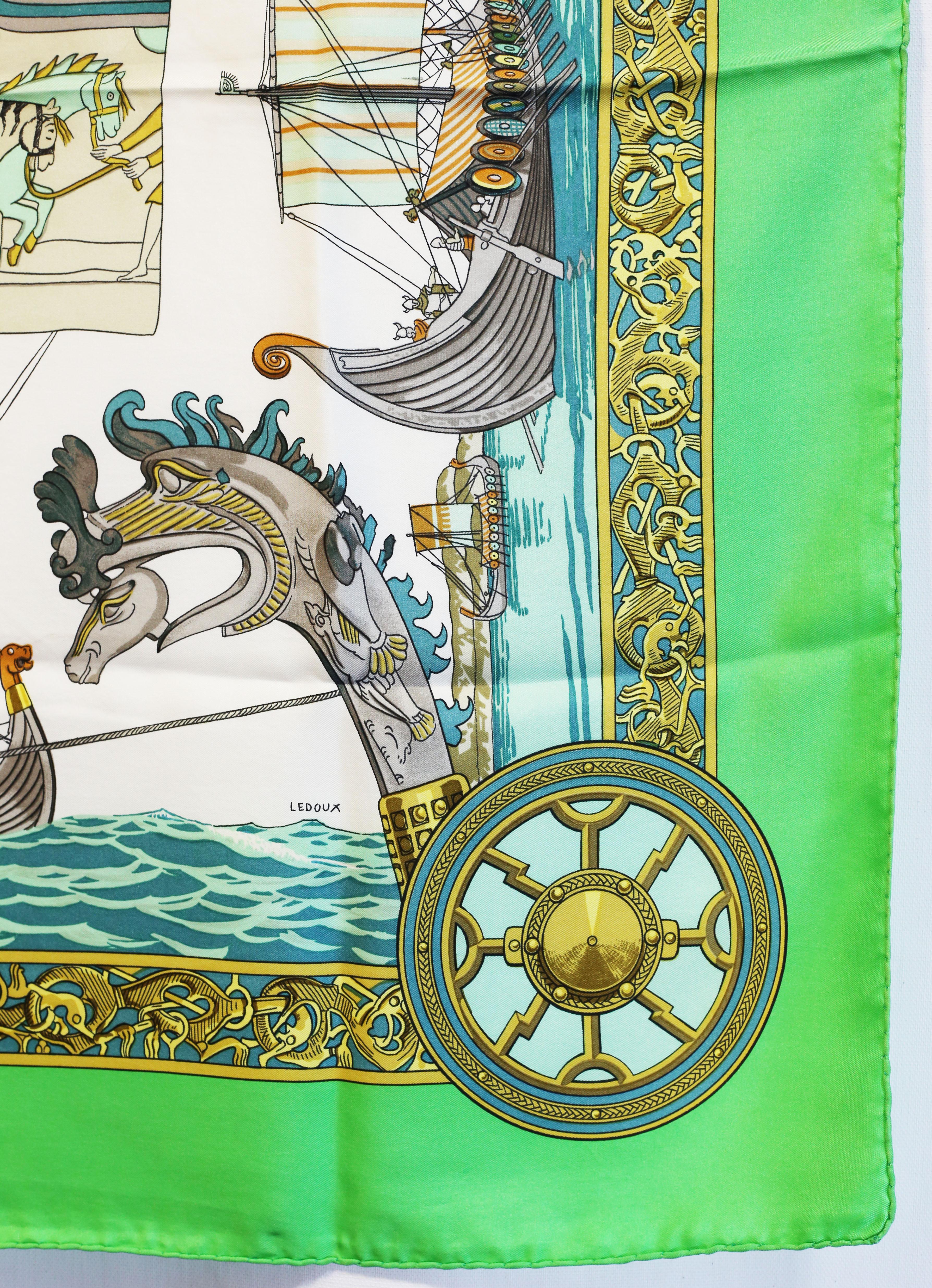 HERMES Scarf  Silk Scarf 100%  Paris, Made In France Les Normands is especially lovely in this teal, greem on white colorway.
Perfect summer accessory!
Read about Philippe Ledoux, the famous illustrator and Hermes designer.
Many of Ledoux’s