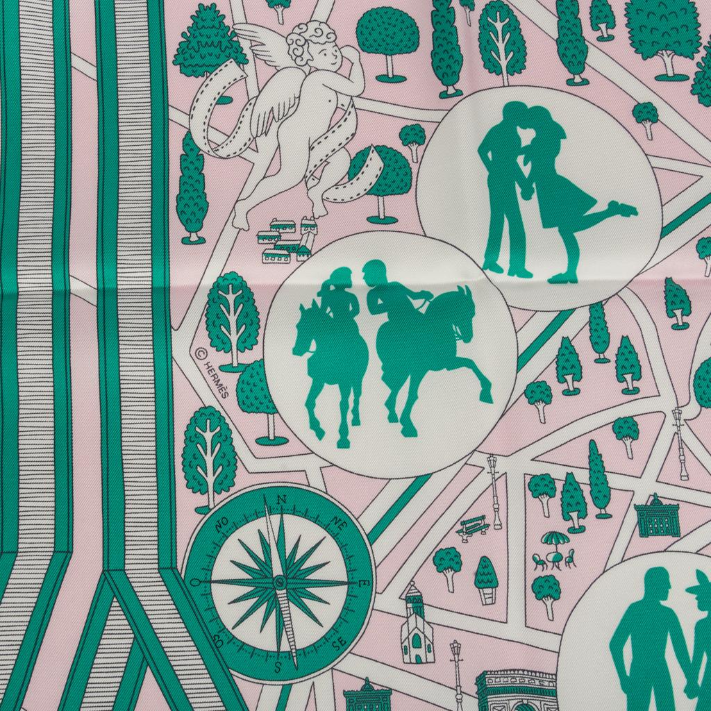 Hermes Scarf Les Nouveaux Amoureux De Paris Rose Pale Menthol Silk Twill 90 In New Condition In Miami, FL