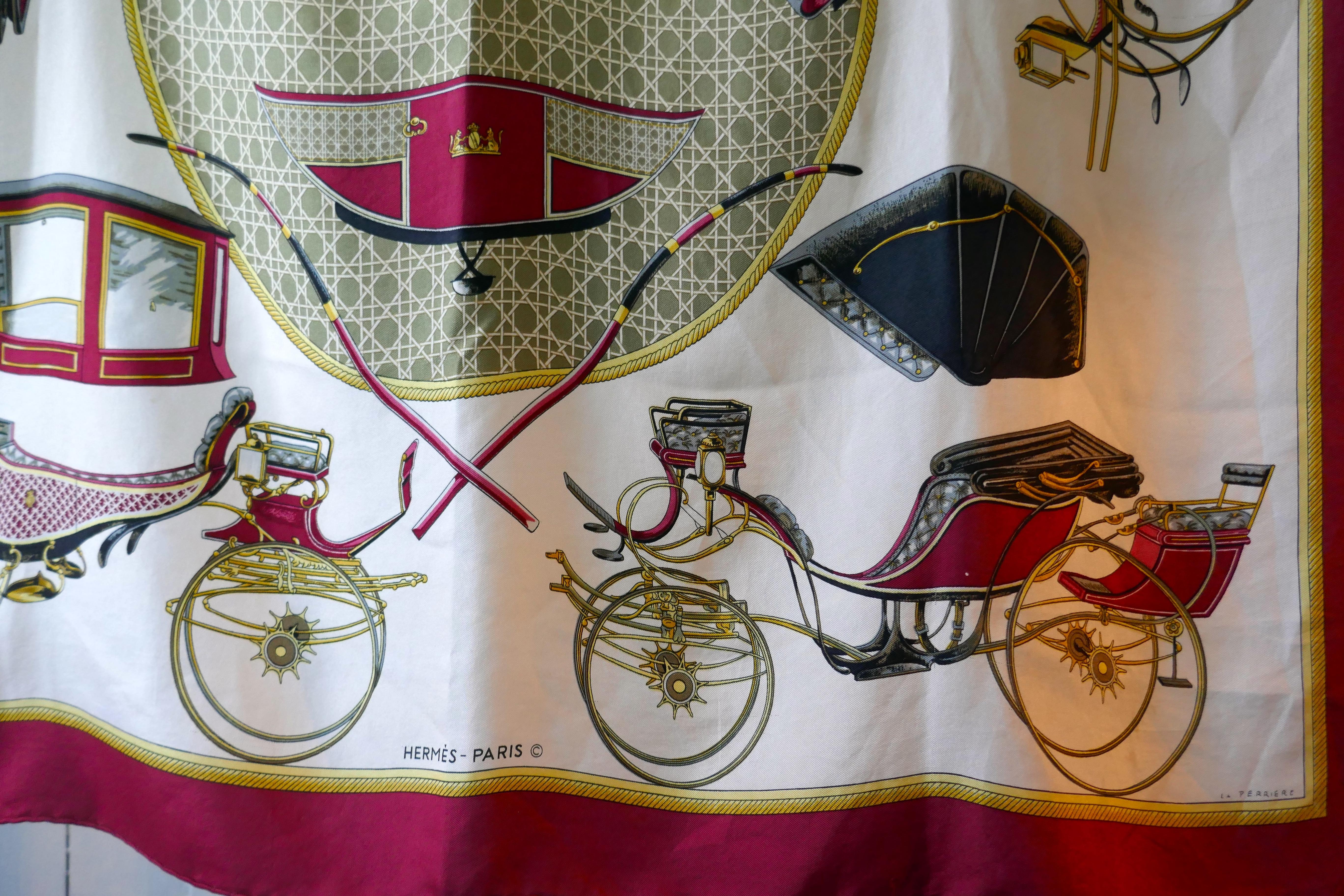 Vintage Hermes Silk Scarf “ Les Voitures a Transformation” by Francoise de la Perriere, 1965

Beautiful and rare design silk scarf from 1965, Burgundy Border, one for the collector
Preowned/vintage with some signs of wear:  a slight pull on the