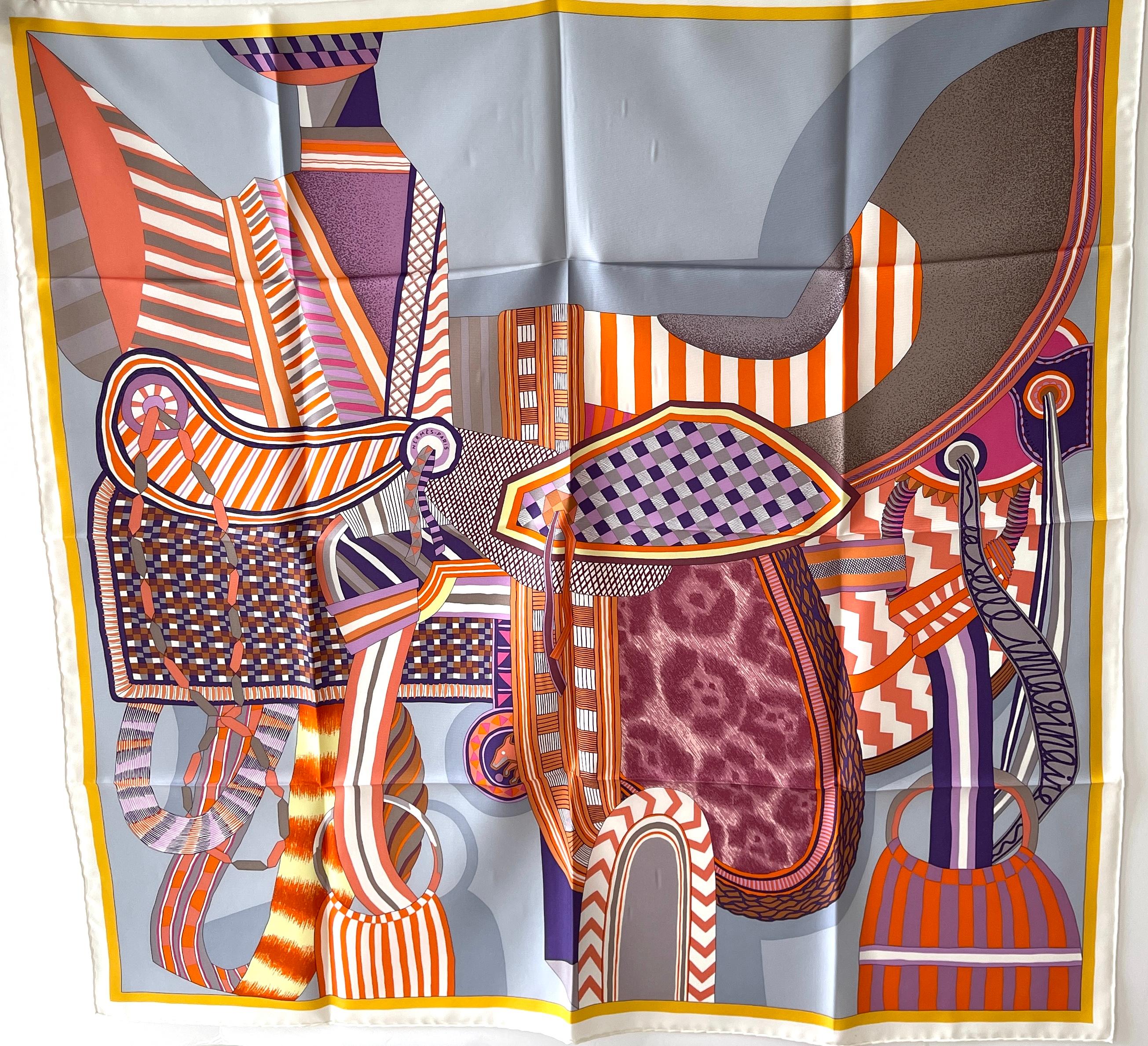Hermes Scarf Multicolor Silk La Selle Imaginaire 90 Gris Perle Violet Scarf/Wrap In New Condition In West Chester, PA