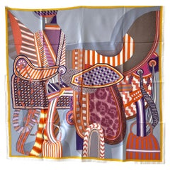 Hermes Scarf Multicolor Silk La Selle Imaginaire 90 Gris Perle Violet Scarf/Wrap