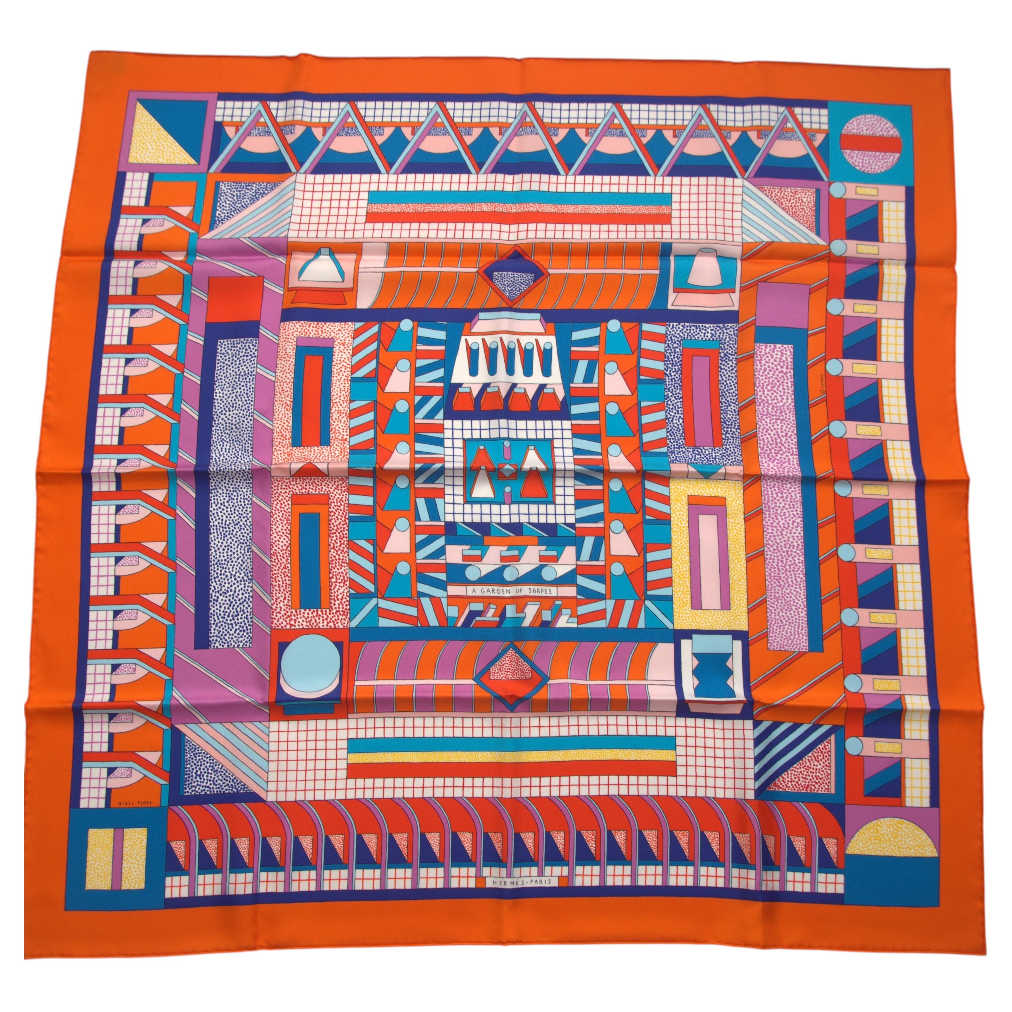 Hermes Scarf Nigel Peake Garden Of Shapes Orange/Turquoise 90Cm NEW