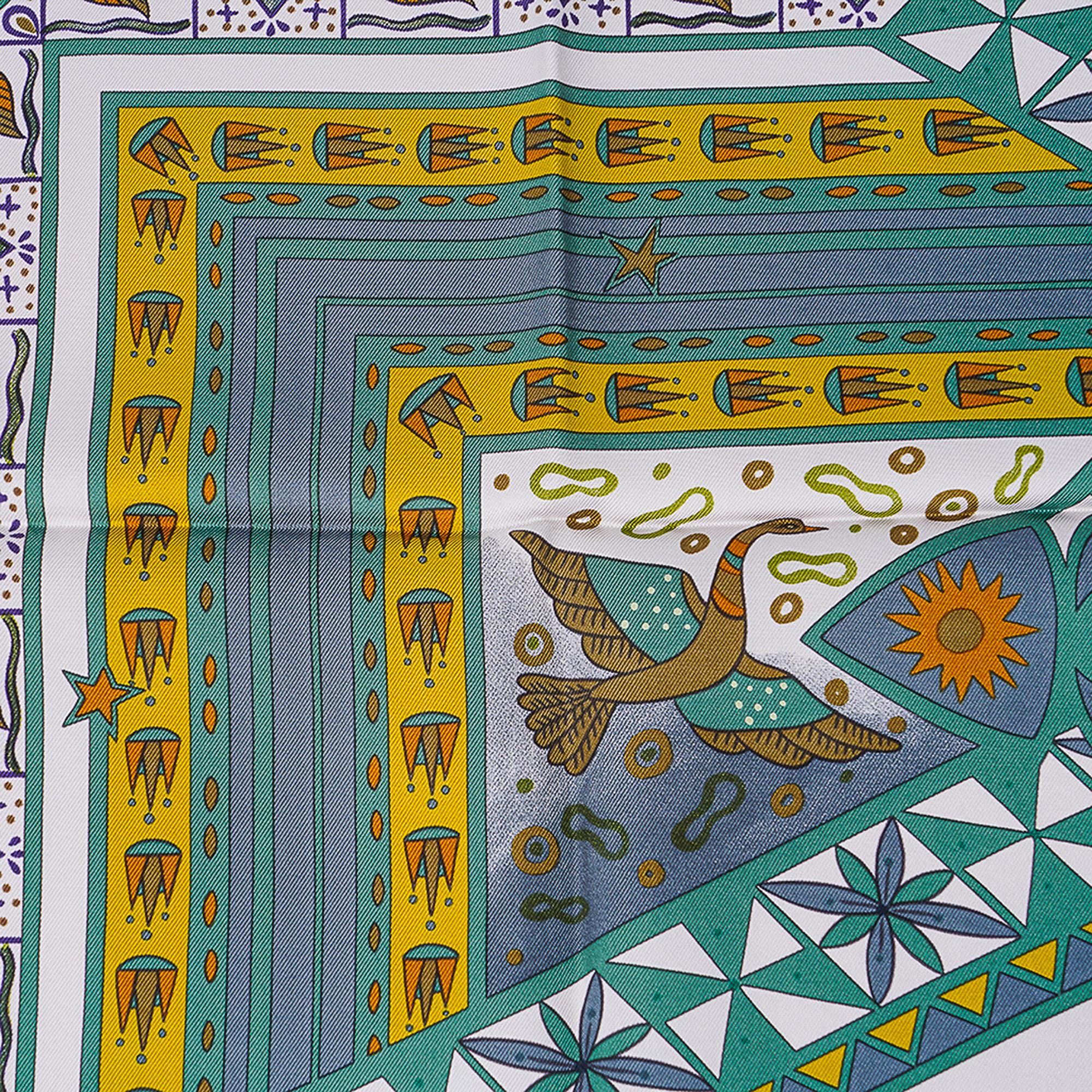 Hermes Scarf Ors Bleus d'Afrique Green / Chartreuse / Brown Silk 90 New w/Box For Sale 9