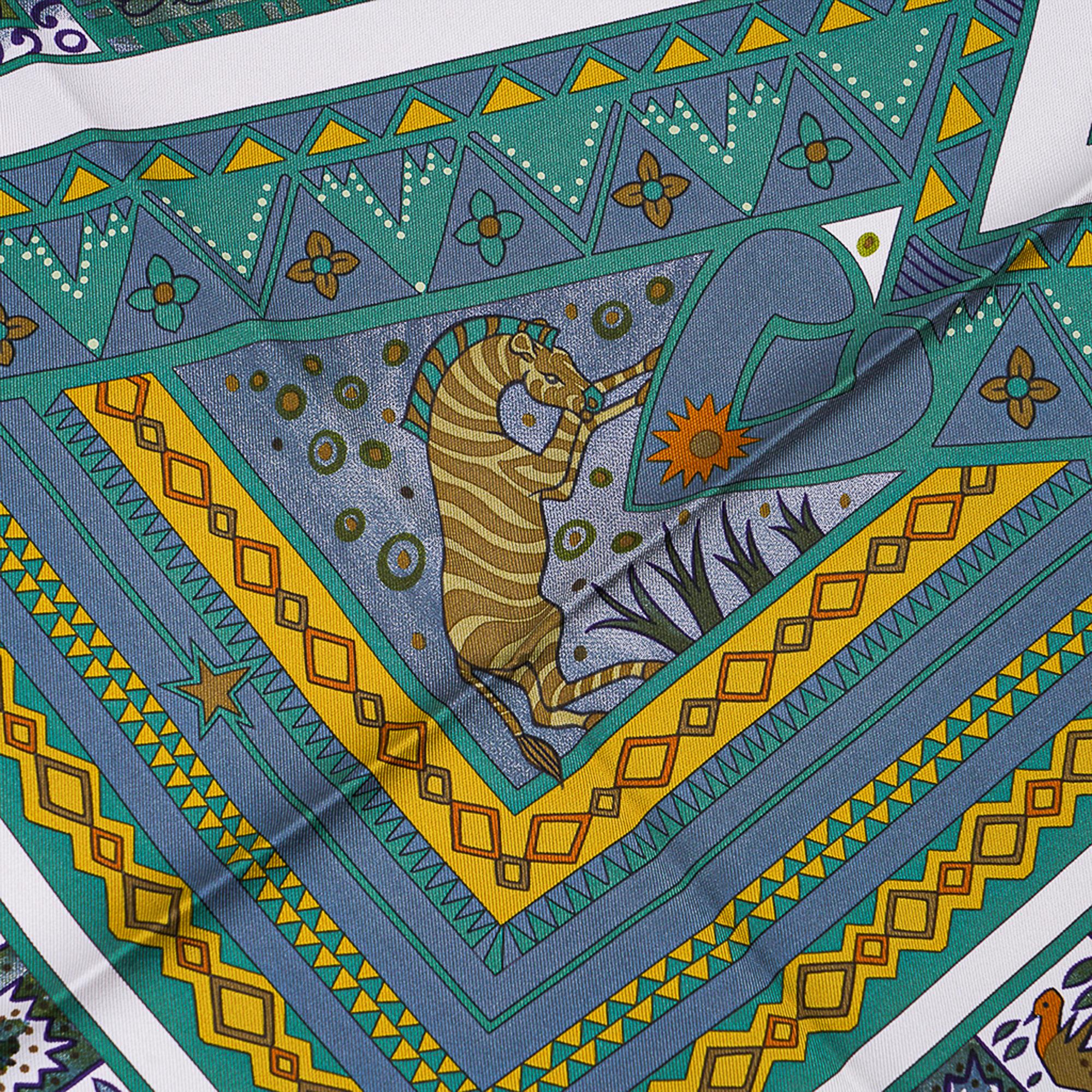 Hermes Scarf Ors Bleus d'Afrique Green / Chartreuse / Brown Silk 90 New w/Box For Sale 3