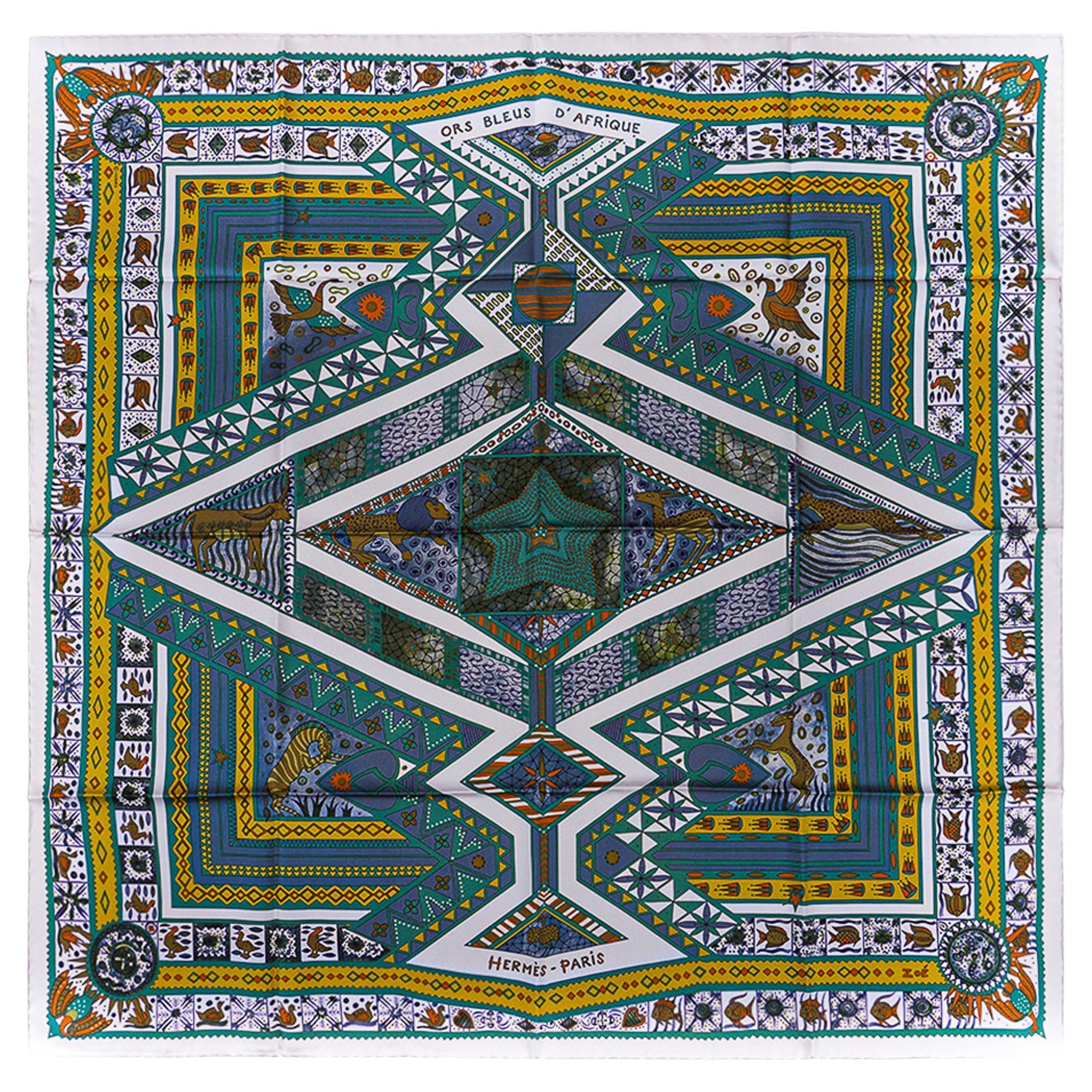 Hermes Scarf Ors Bleus d'Afrique Green / Chartreuse / Brown Silk 90 New w/Box