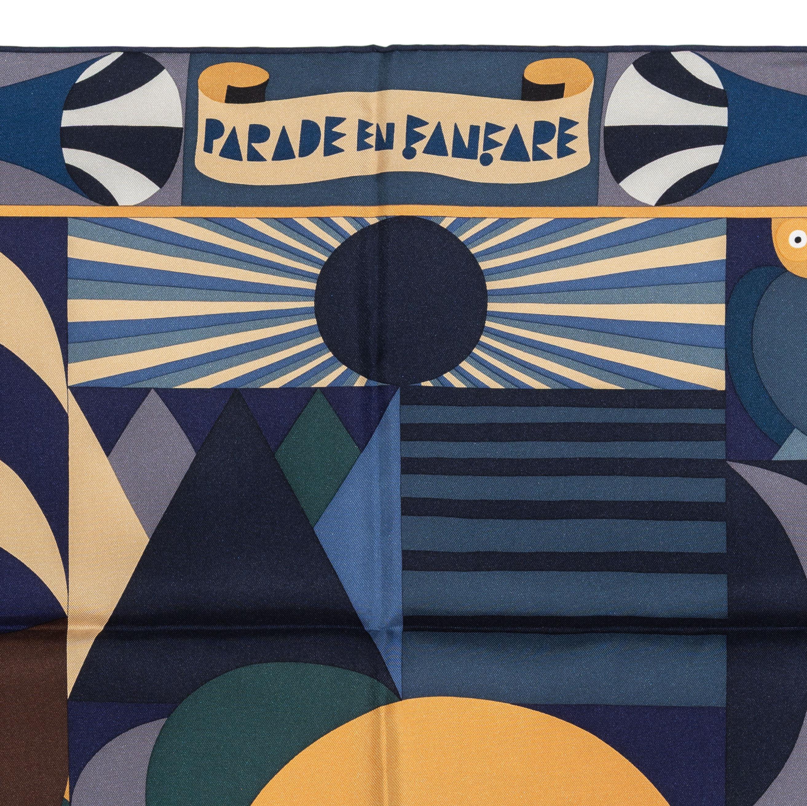 Hermes Scarf Parade en Fanfare – Bleu Nuit – Beige - New Store Tag In New Condition For Sale In Ottawa, CA