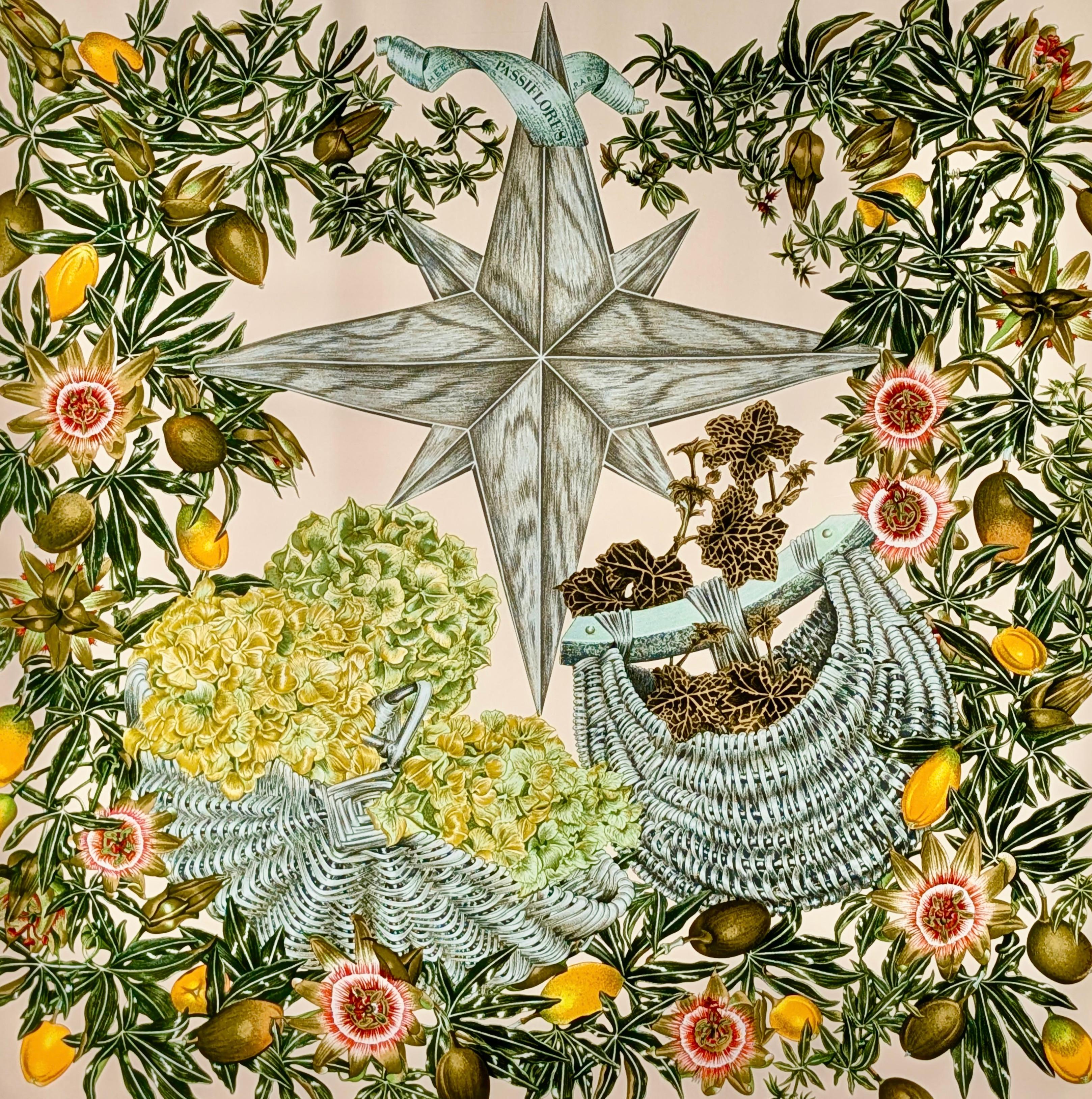 Pañuelo Hermès de sarga de seda  PASSIFLORES
Diseñado por Valerie Dawlat 1996
100% seda
Derechos de autor
Dobladillo enrollado a mano
Cuidado de etiquetas
Fabricado en Francia
cm. aprox. 90 x 90 - 36