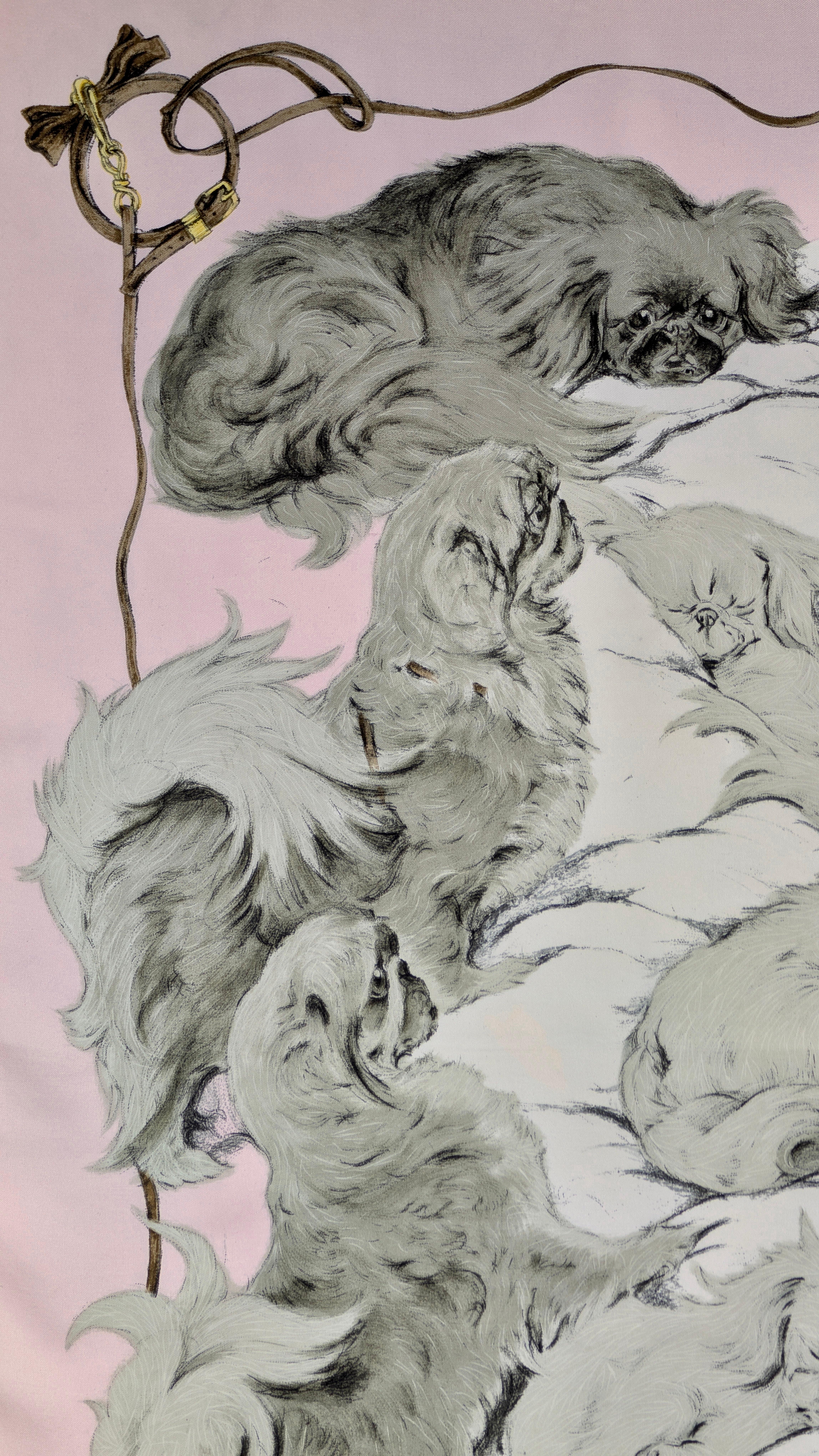 Hermès twill silk scarf   PÉKINOIS
Very rare
Designed by  Xavier De Poret 1965
100% silk
Hand rolled hem
Made in France
Pink, grey, ivory 
Measures approx. cm. 90 x 90 - 36