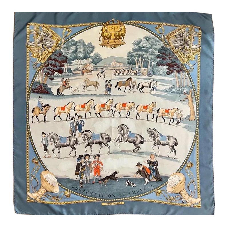 Hermès scarf PRESENTATION HERMES de CHEVAUX 1980 Ledoux Philippe Foulard en soie For Sale