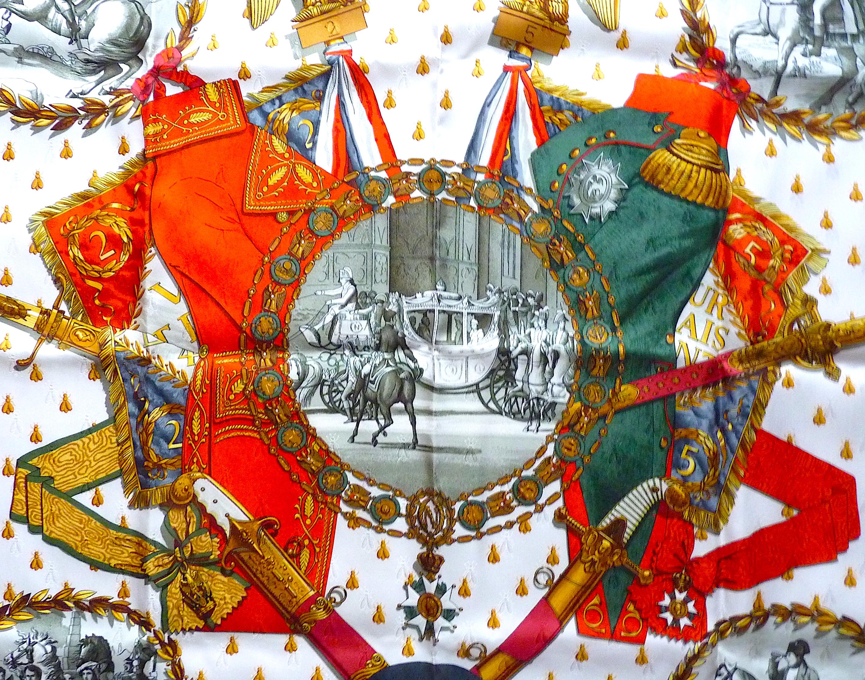 This is a very rare Hermes Scarf Napoléon Special Edition for Courvoisier, a French Cognac Brand.
This ultra rare scarf is Brand new and will come with its original box
Very precious Jacquard Silk : Napoleon's imperial bees are woven in the
