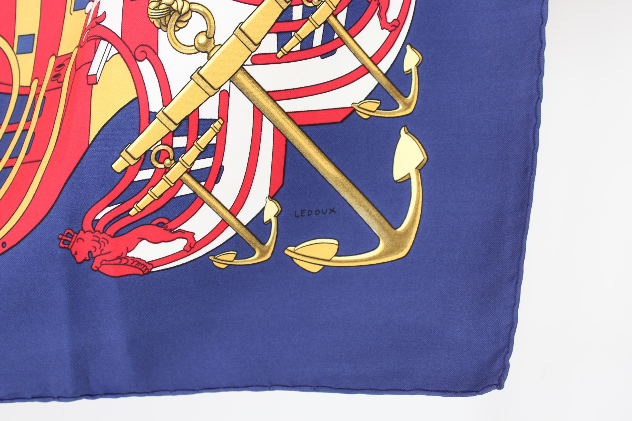 Hermes Scarf Silk Proues Theme by Philippe Ledoux Blue Red Gold 1970s In Good Condition In Brindisi, Bt