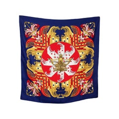 Vintage Hermes Scarf Silk Proues Theme by Philippe Ledoux Blue Red Gold 1970s