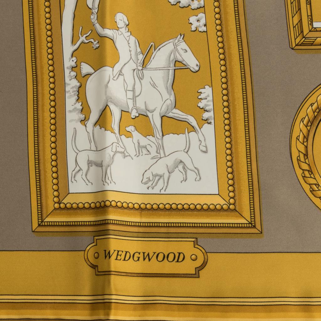 Guaranteed authentic Hermes Wedgwood by Ledoux silk scarf created in 1974.
Depicts scenes as framed plaques that reflect Hermes' story as a sellier house.
Equine elements with the center horse drawn carriage gives homage to the Hermes logo.
He drew