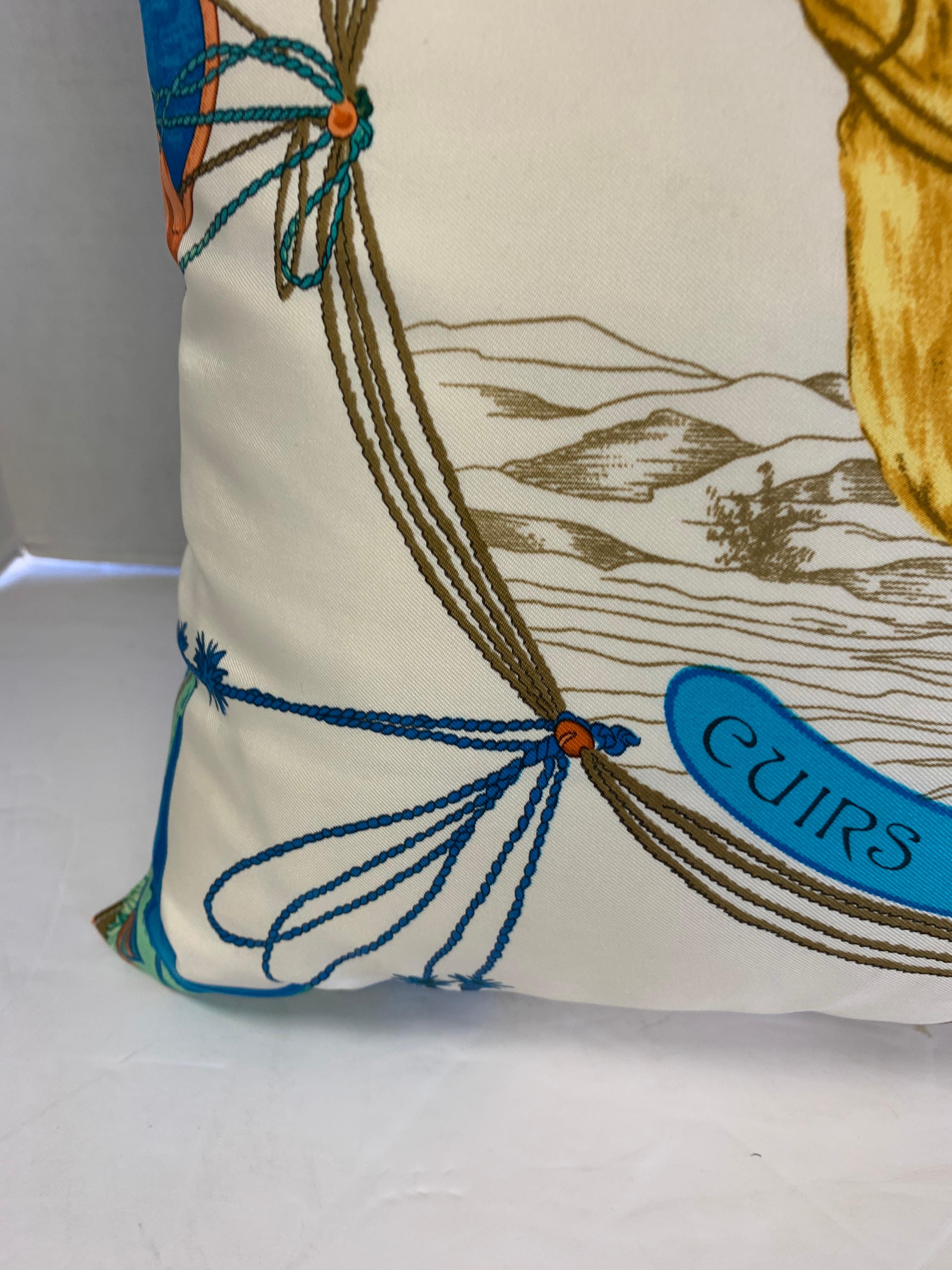 French Hermes Silk Scarf “Cuirs Du Desert” Ivory Custom Pillow 