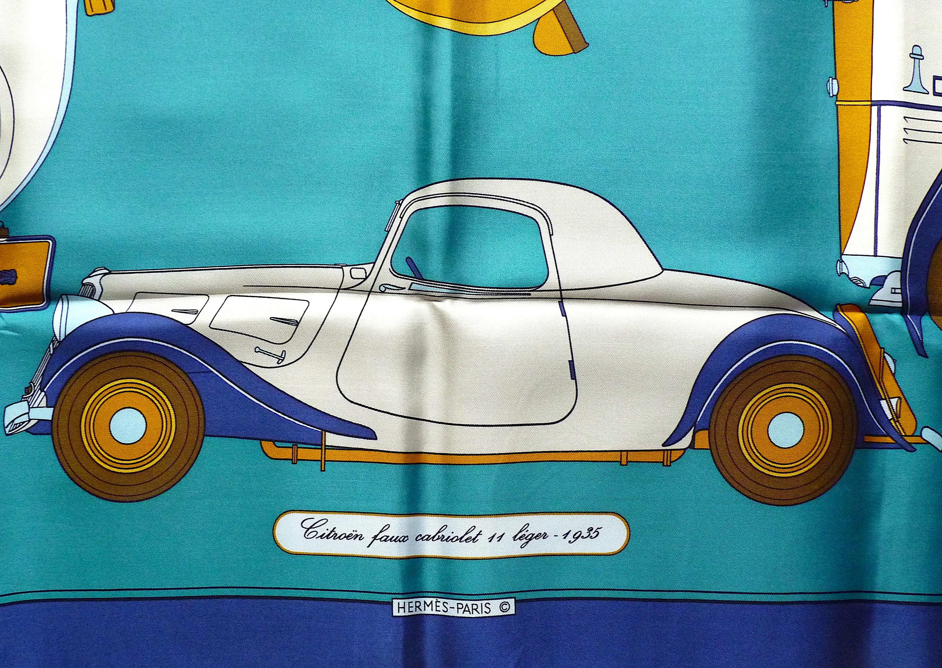 Hermes Scarf Special Edition for Citroën in 1973,  Blue Brown Pattern in Box In New Condition For Sale In CHAMPEAUX-SUR-SARTHE, FR