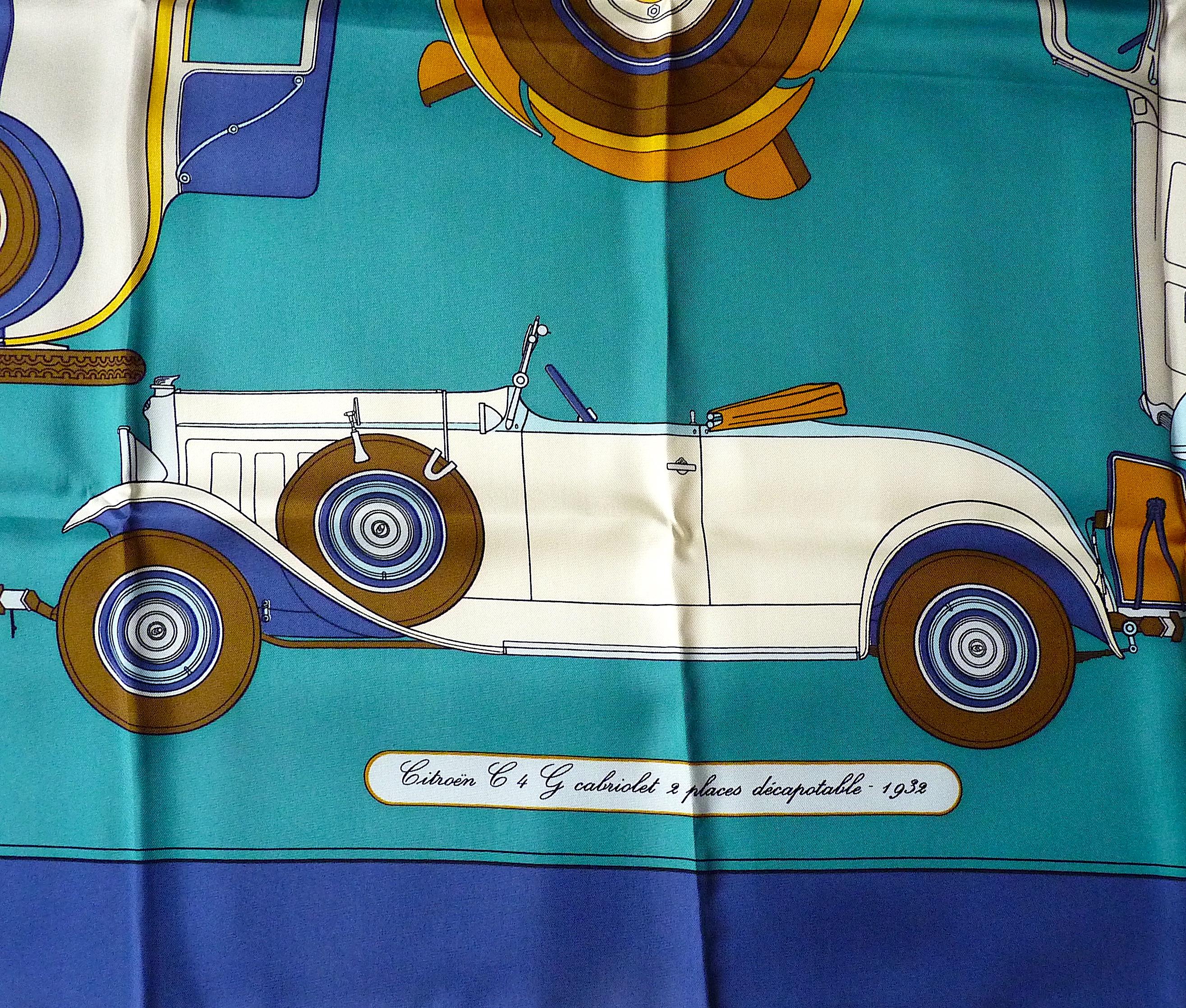 Women's or Men's Hermes Scarf Special Edition for Citroën in 1973,  Blue Brown Pattern in Box For Sale
