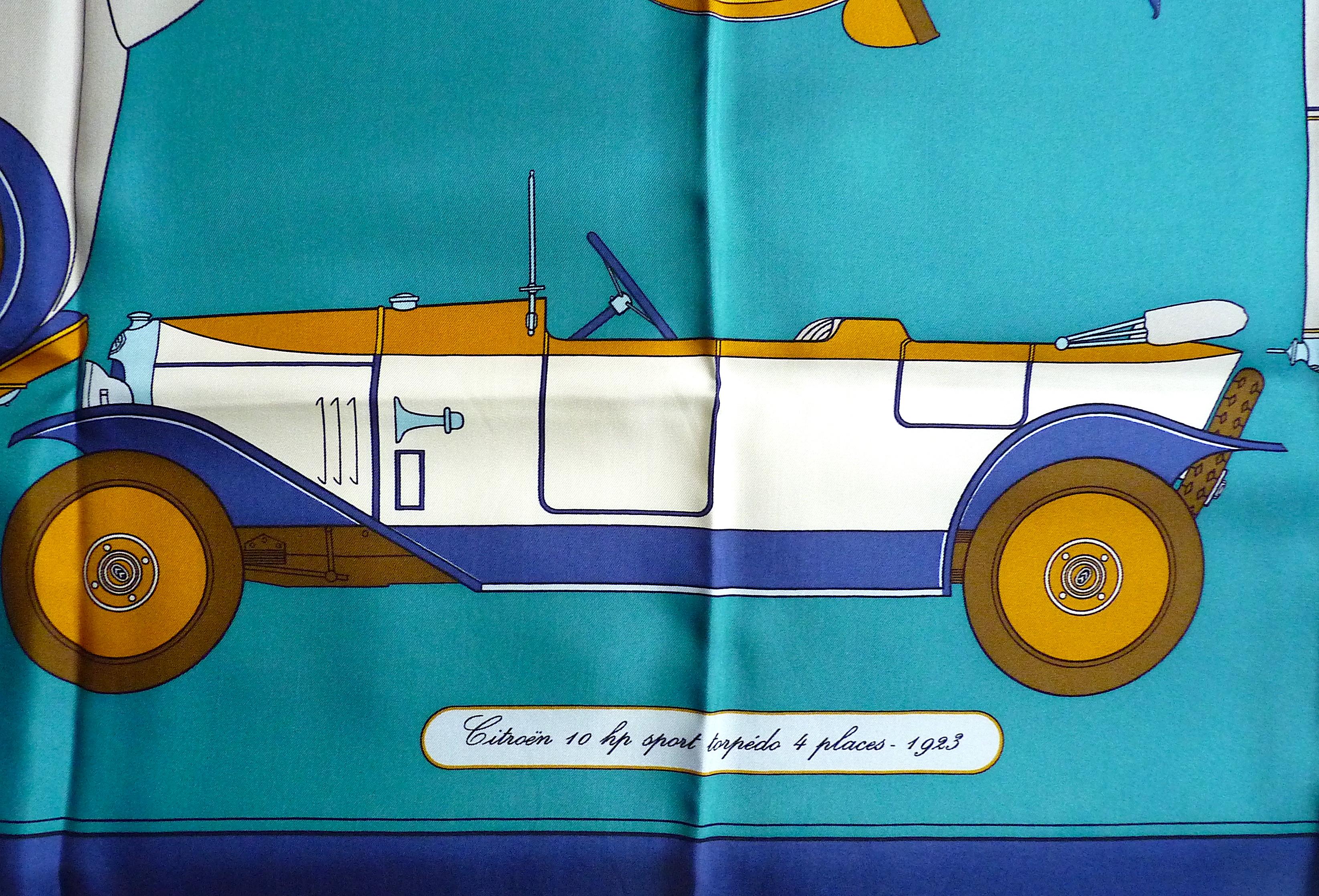 Hermes Scarf Special Edition for Citroën in 1973,  Blue Brown Pattern in Box For Sale 1