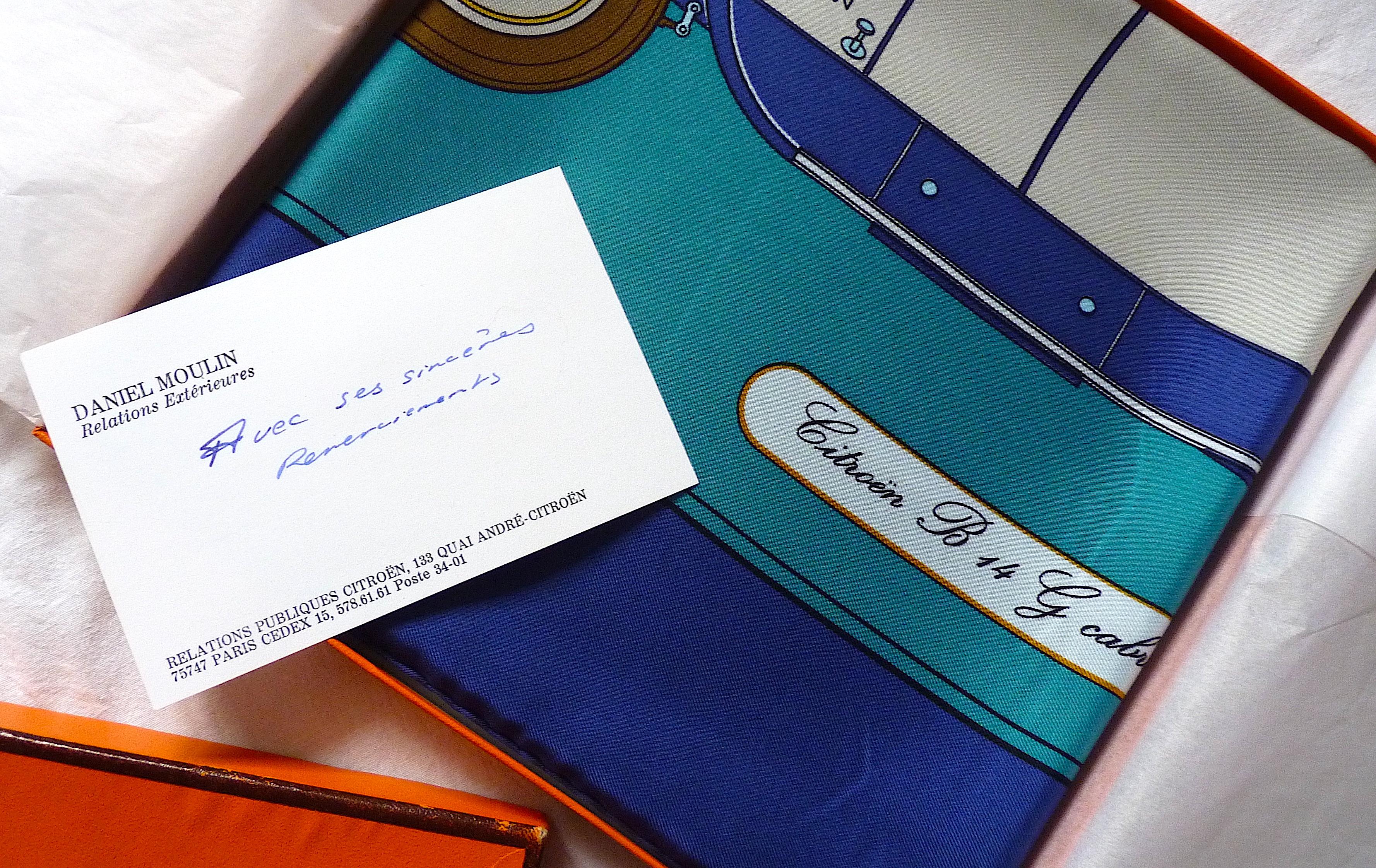 Hermes Scarf Special Edition for Citroën in 1973,  Blue Brown Pattern in Box For Sale 2