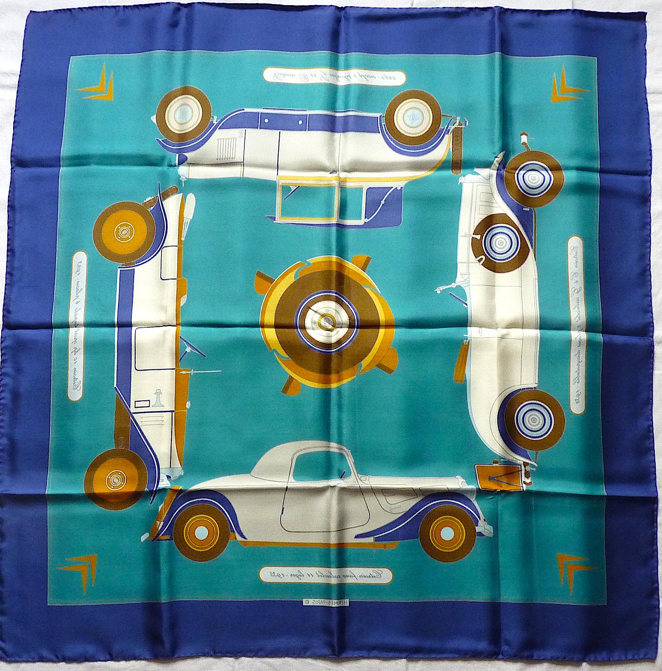 Hermes Scarf Special Edition for Citroën in 1973,  Blue Brown Pattern in Box For Sale 3