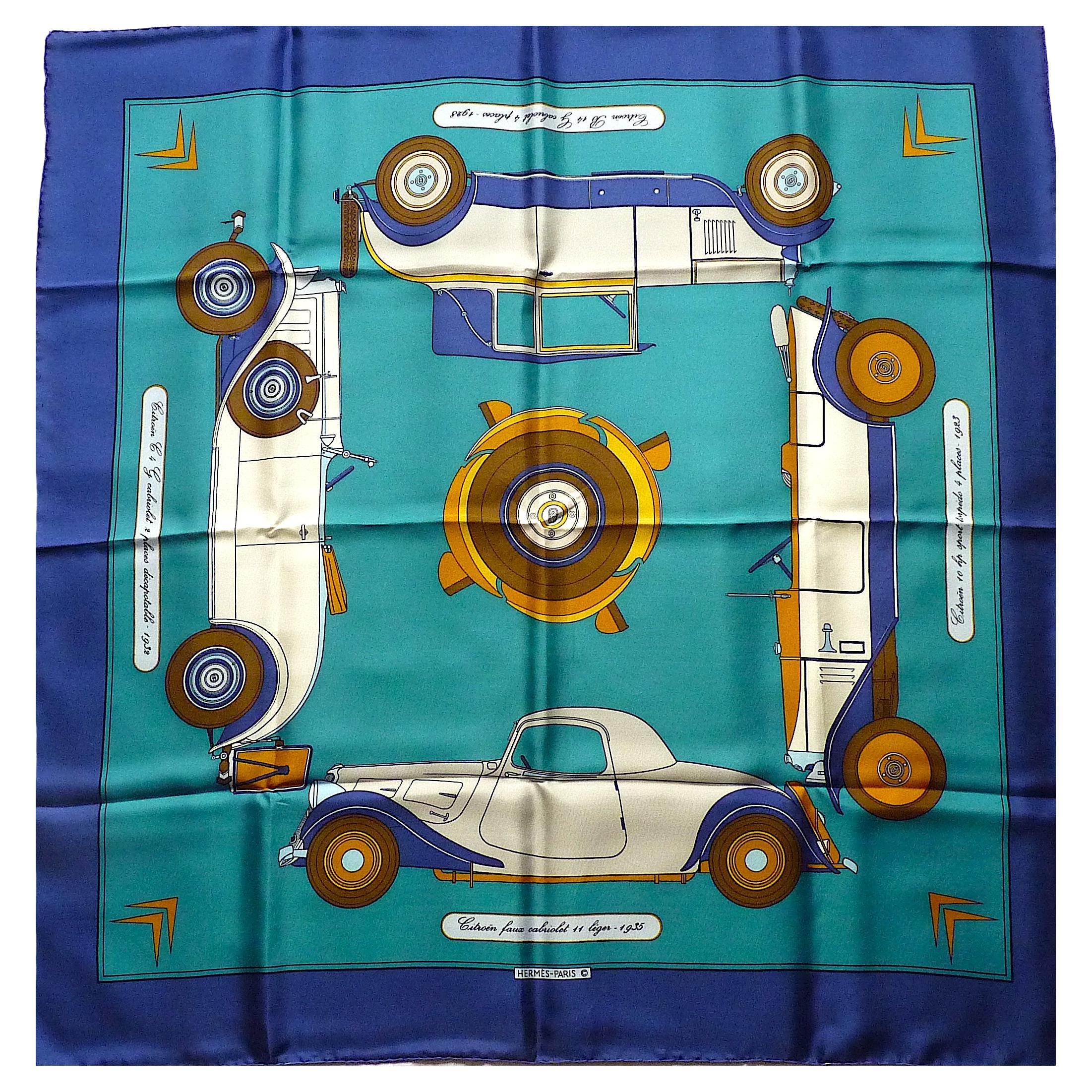 Hermes Scarf Special Edition for Citroën in 1973,  Blue Brown Pattern in Box For Sale