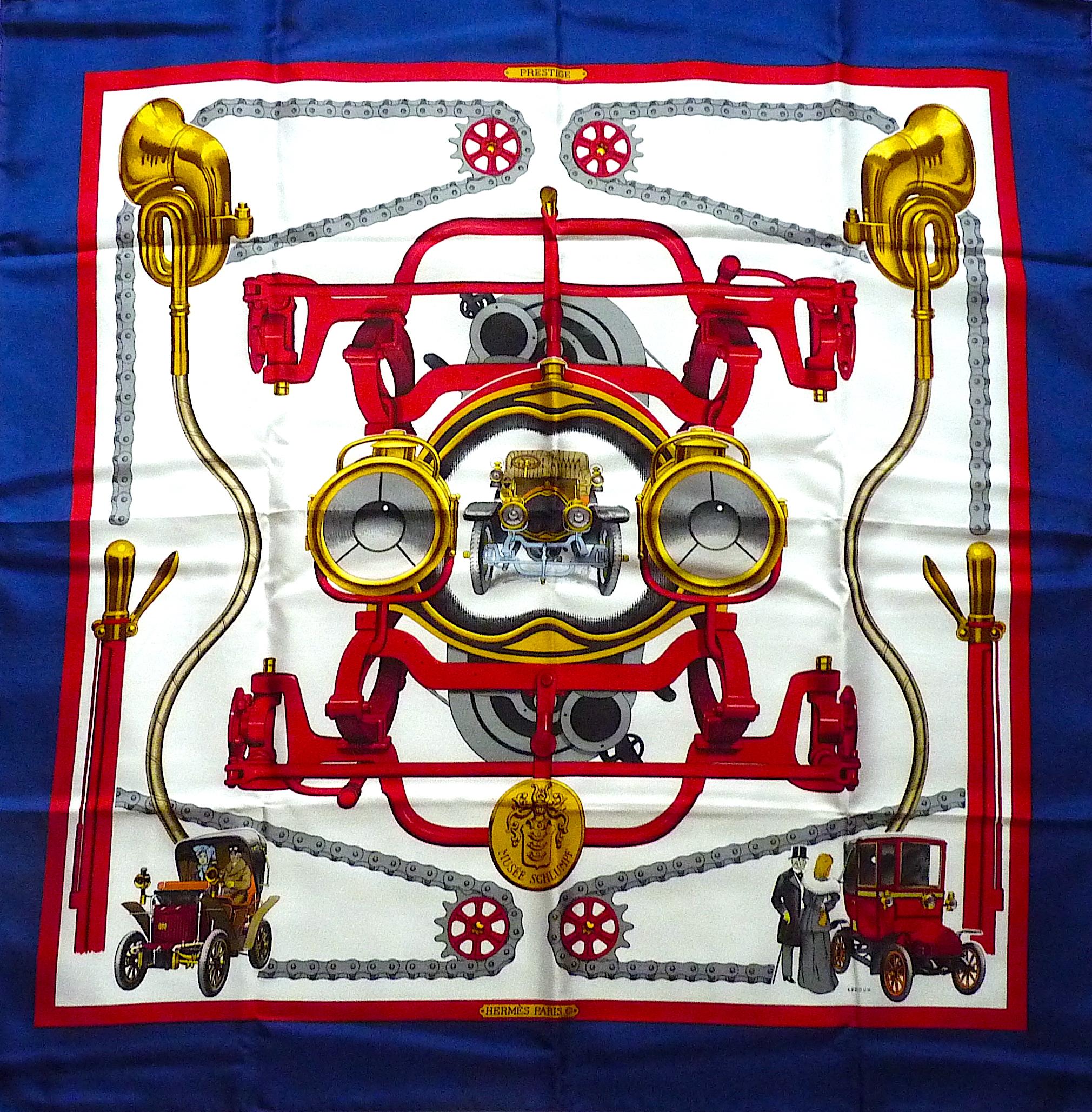 HERMES Silk Scarf Teuf Teuf, Special Edition for Musée Schlumpf in 1971, by Ledoux

This ultra rare scarf is in excellent condition

Will come with its orignal box 

Cream White Background, Blue Margin

CONDITION : Scarf in Excellent Condition,