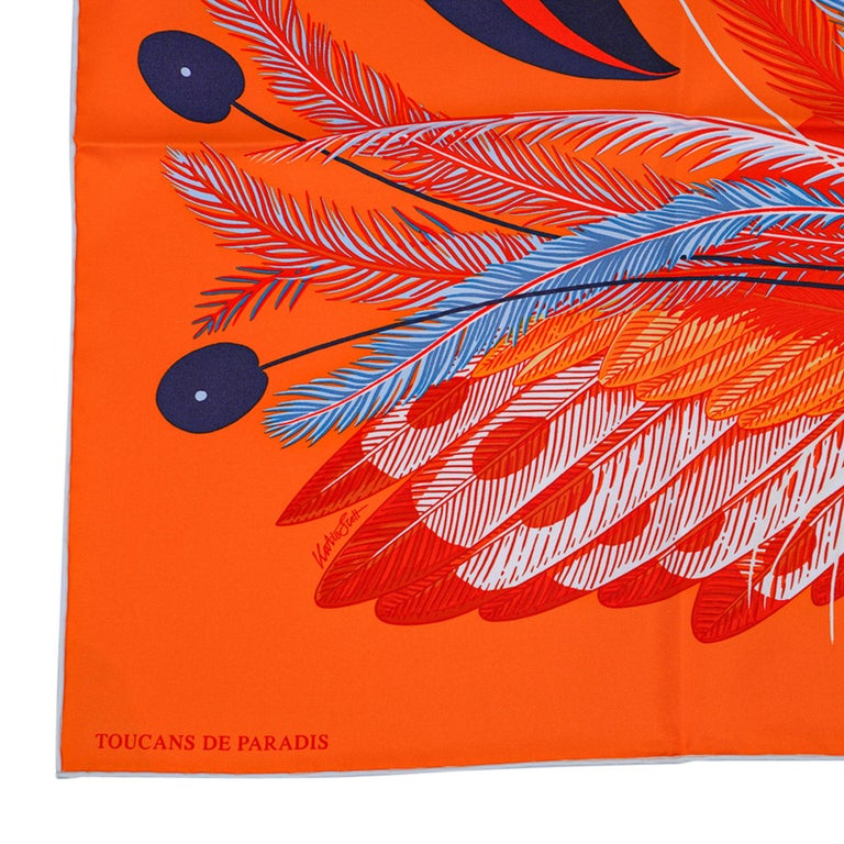 Hermes Scarf Toucans De Paradis 90 Orange / Marine / Ciel Silk Twill 90